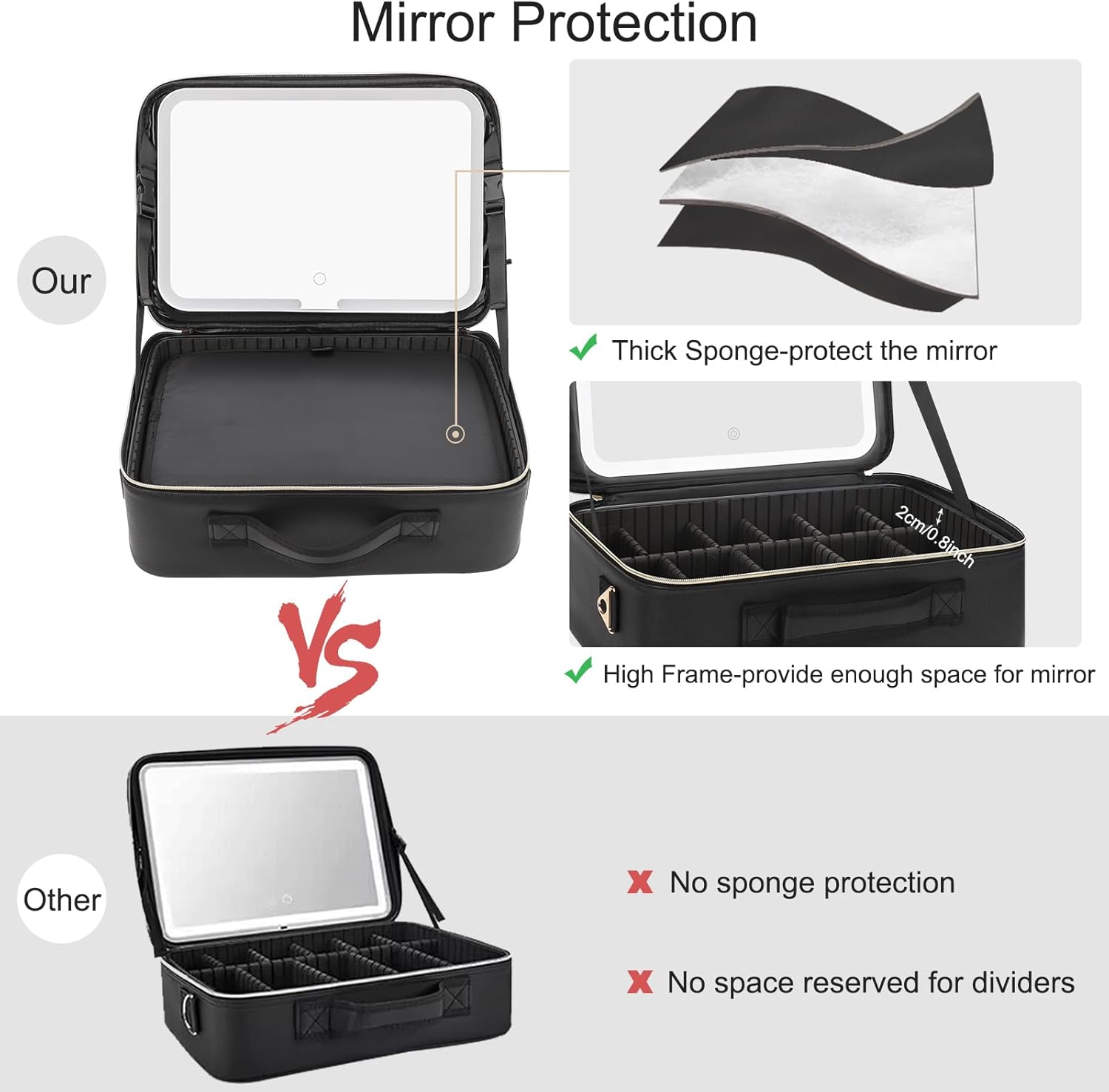 Relavel Makeup Bag with LED Mirror, Large Capacity Travel Cosmetic Organizer with Adjustable Compartments, Brush Holder & Detachable Strap, Black Storage Box for Makeup Artists
