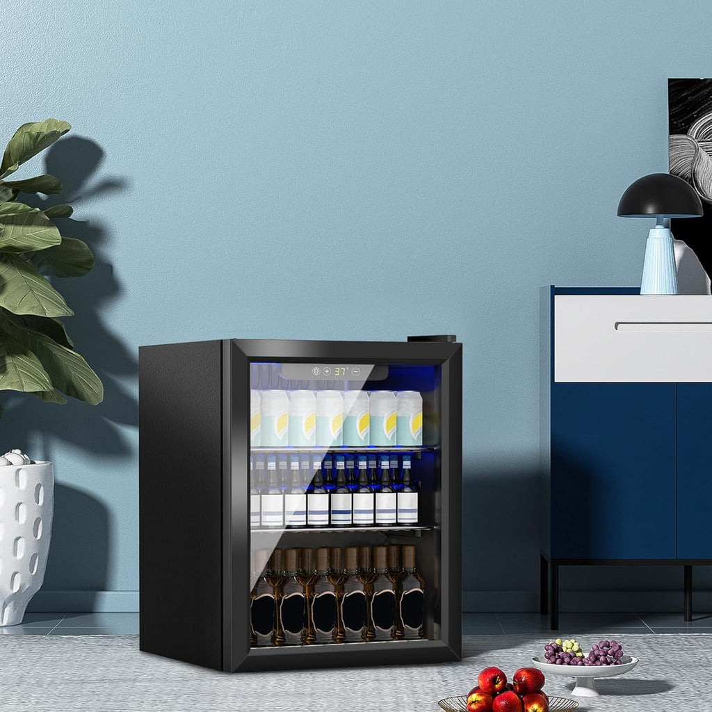 1.6 Cu.Ft Mini Fridge for 70 Cans, Small Beverage Refrigerator with Glass Door, Adjustable Shelves & Digital Display, Compact Drink Fridge for Bedroom, Office, Dorm, Bar, Under Counter Use