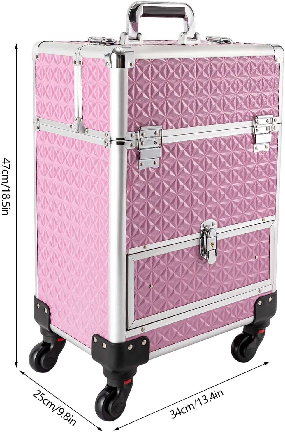 Rolling Makeup Case, Nail Storage Box with Wheels Portable Makeup Trolley for Beauty Studio Hairdressers Nail Technician (Pink)