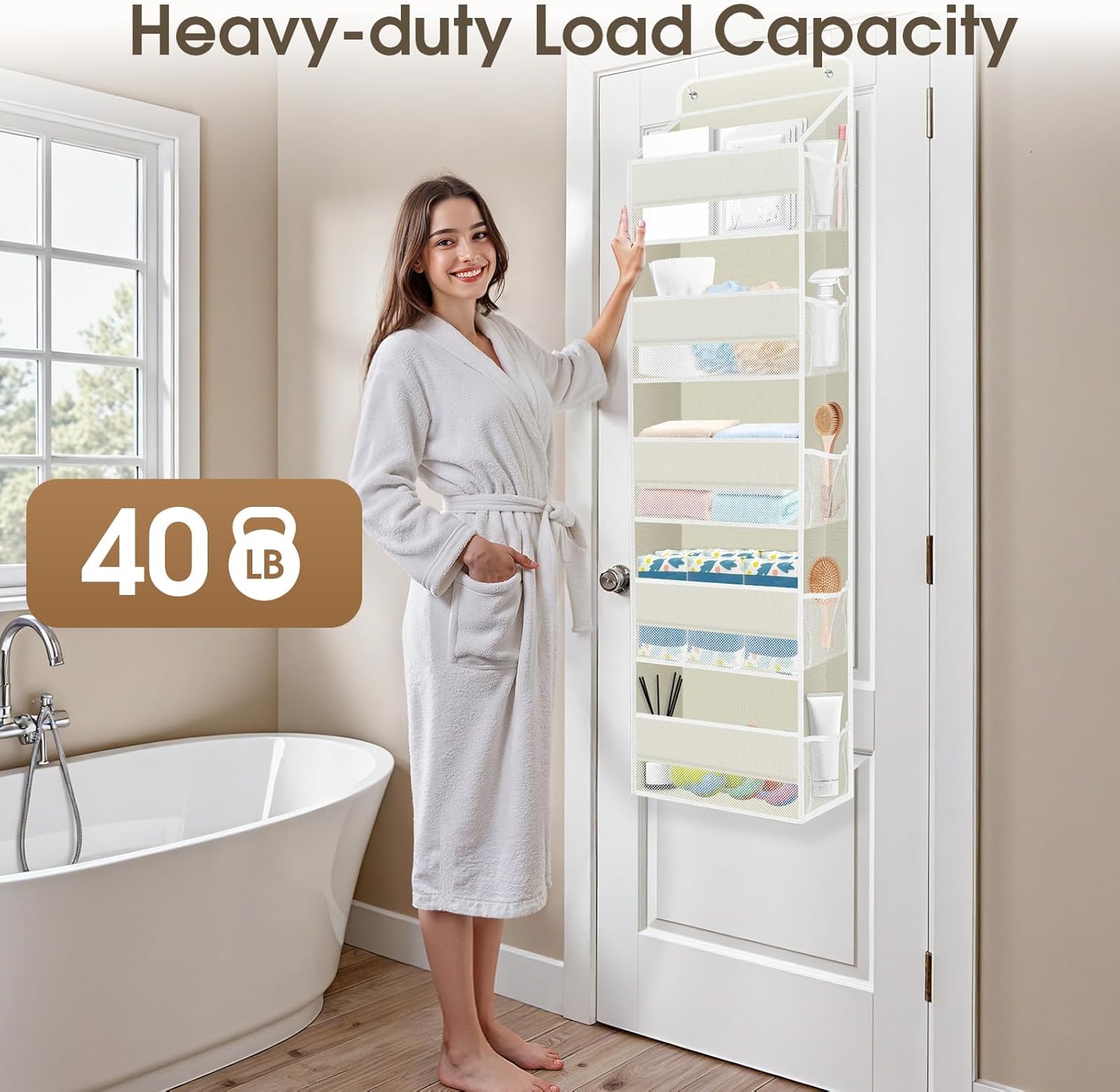 1 Pack Over The Door Organizer, Hanging Storage Organizer with Clear Window, 40lb Ultra Sturdy Large Capacity Room Organizer for Pantry Bathroom Nursery Closet Baby Essential (Beige)