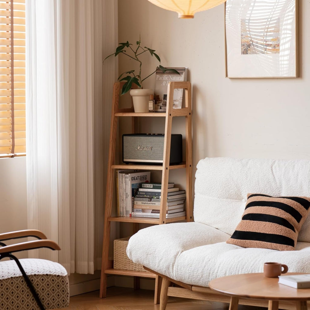 100% Solid Oak 4 Tier Ladder Shelf, Small Bookshelf, Ladder Bookshelf, Bookcase with Stable Frame, Small Table for Living Room Bedroom (Natural,17.32" D x 16.53" W x 53.54" H)