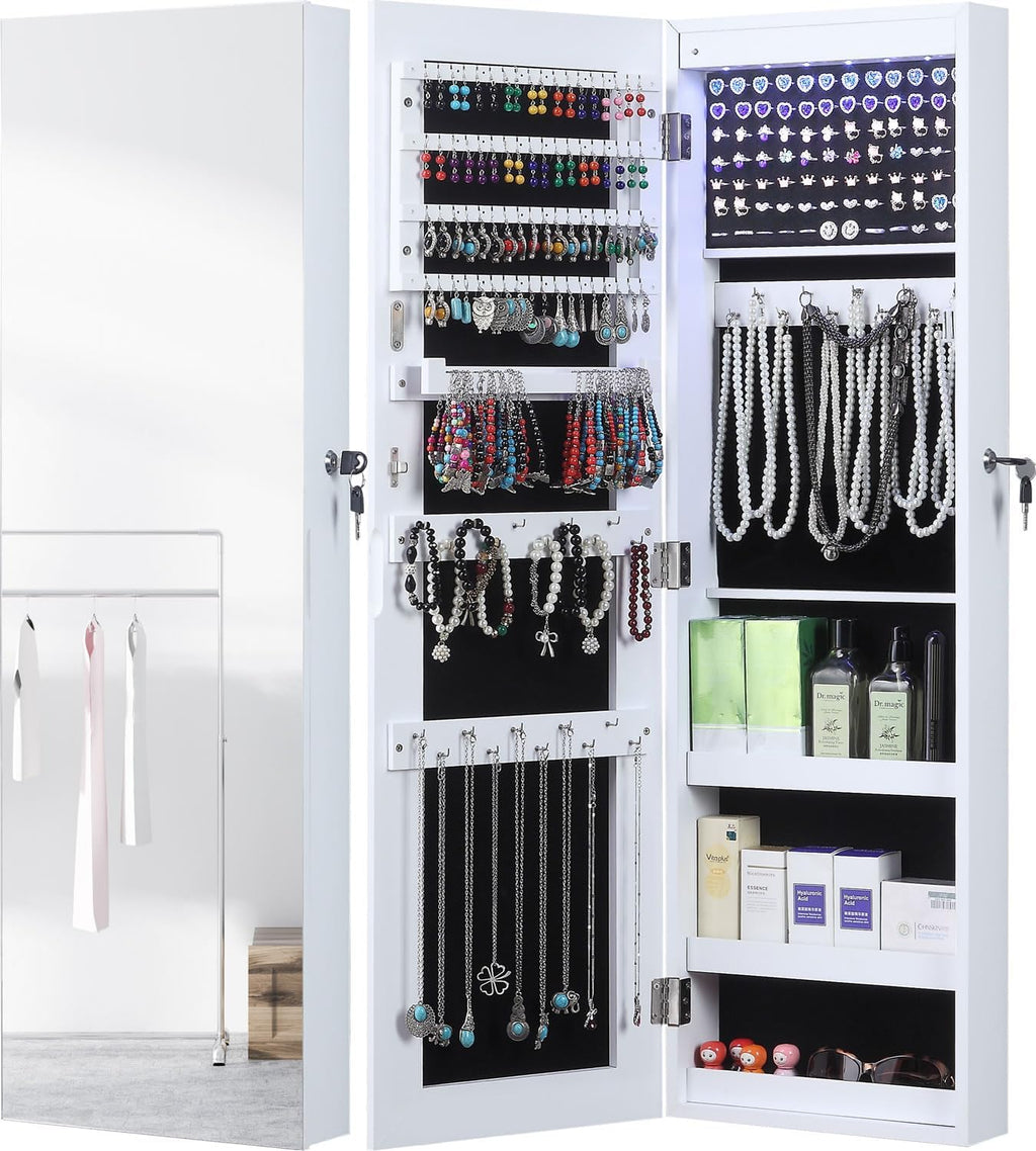 GISSAR Full Length Mirror Jewelry Cabinet, 6 LEDs Jewelry Armoire Wall Mounted Over The Door Hanging, Jewelry Organizer Display Storage Furniture with Lights Locker Mirrored Cabinet, 39.4" H, White