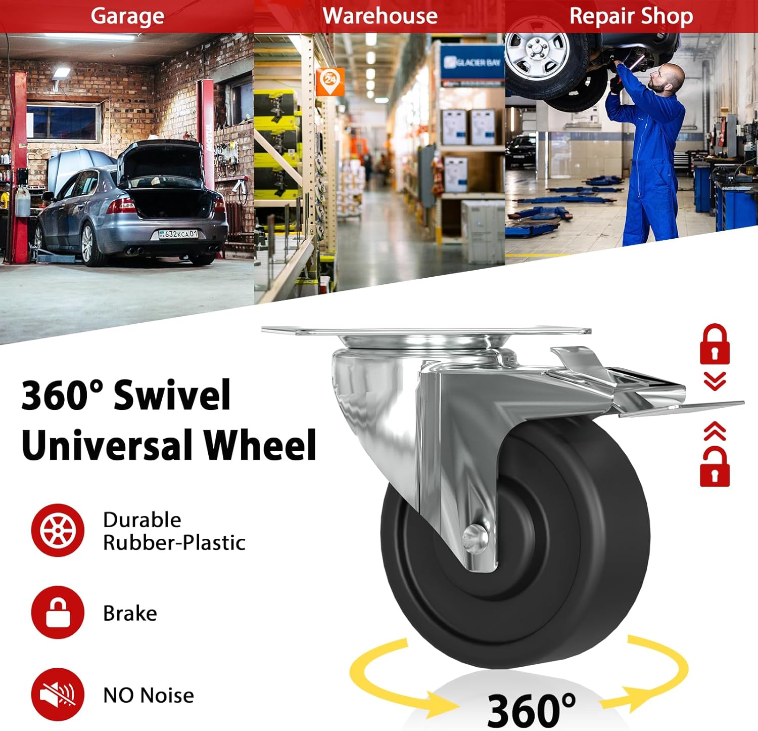 3 Tier Rolling Tool Cart, Tool Carts with Wheels and Drawers, 500 LBS Capacity Service Utility Cart, Mechanic Tool Cart on Wheels for Garage, Warehouse, Repair Shop, Red