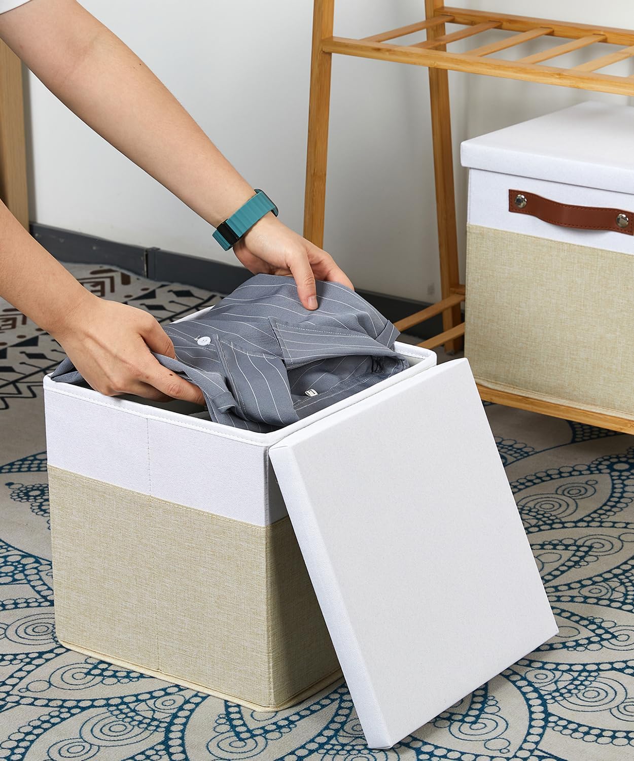 Temary Foldable Fabric Storage Bins with Lids, 2-Pack Storage Bin for Organizing Living Room, Closet Organization, Multi-Purpose Storage Boxes for Clothes (White&Khaki, 10.5x10.5x10.5in)