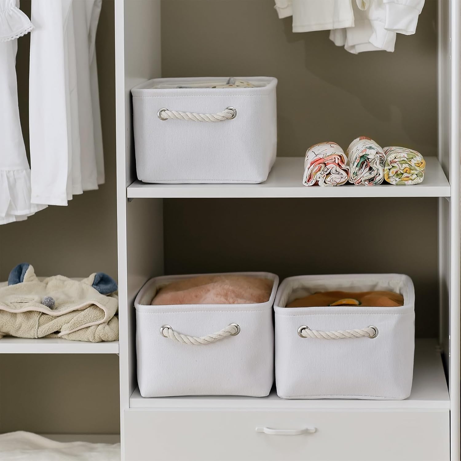 TheWarmHome Storage Bins for Shelves - Medium 3Pack 13.8L*9.8W*6.7H inch Fabric Storage Cubes Canves Storage Basket for Organizing Toys Baby Clothes Gift Dog (White)