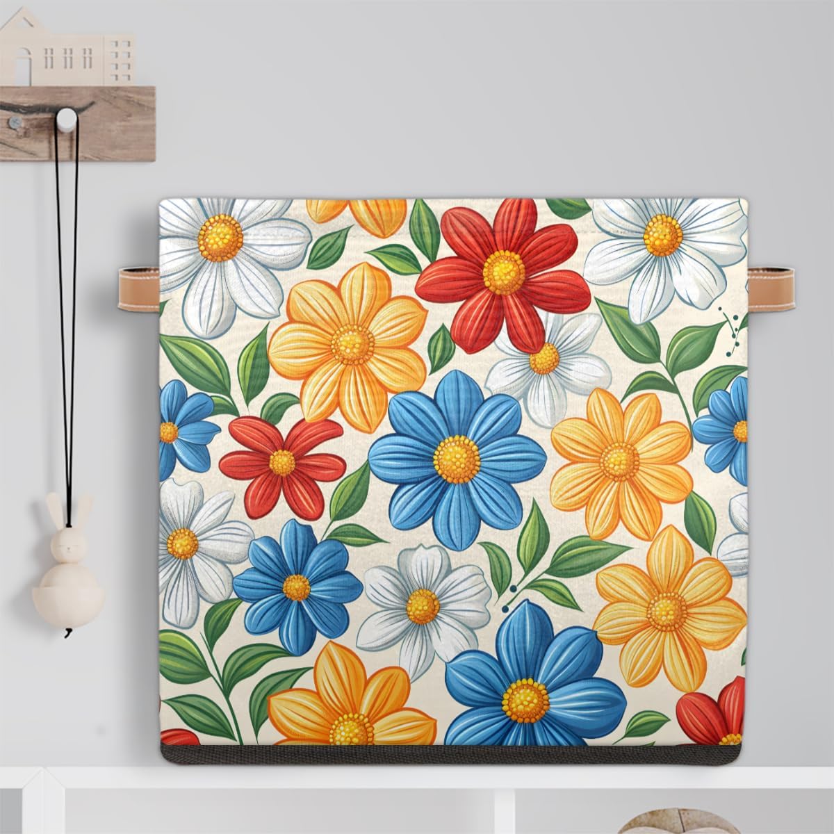 TropicalLife 13x13x13 Inch Large Fabric Storage Cube Boho Flower Foldable Storage Bin with Handles Organizer Boxes Cube Basket for Shelves Organizing Closet