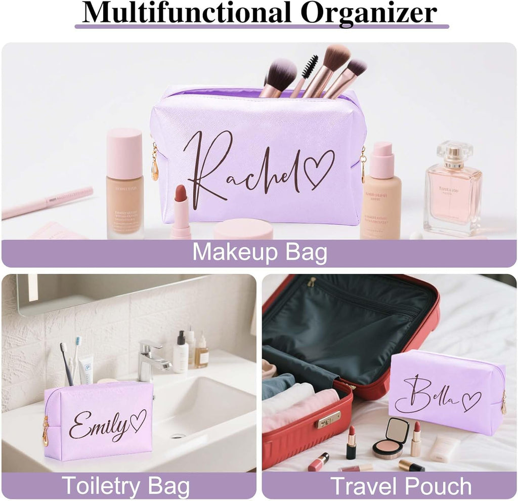 Personalized Makeup Bag with Name & Birth Flower, Custom Leather Cosmetic Bags for Women, Customized Travel Toiletry Bag Gifts for Bridesmaid Wedding