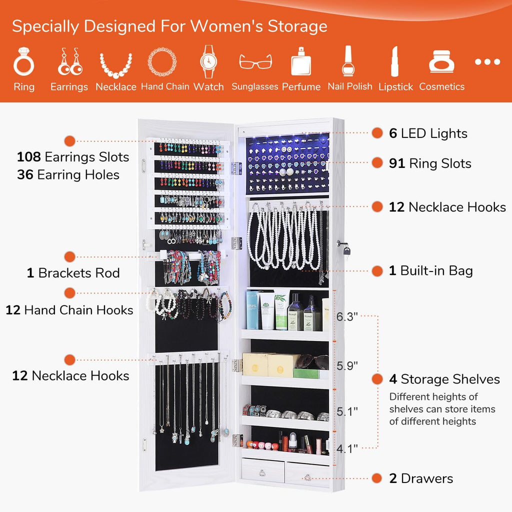 GISSAR Full Length Mirror Jewelry Cabinet, 6 LEDs Jewelry Armoire Wall Mounted Over The Door Hanging, Jewelry Organizer Storage with Lights Lockable White