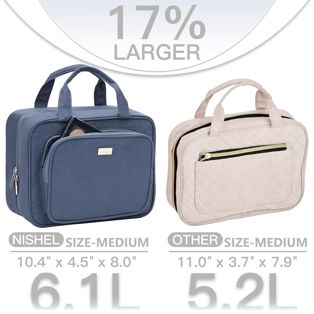 NISHEL Travel Toiletry Bag for Women, Makeup Essentials Organizer, Hanging Case for Accessories, Cosmetics, Medium Size, Aegean-Blue