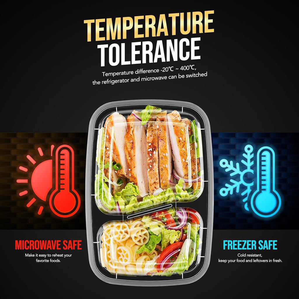 Glotoch Express 300 Pack 32oz Black 2 Compartment Square Meal Prep Containers, Food Storage Containers with Lids for Microwave Dishwasher Freezer Safe