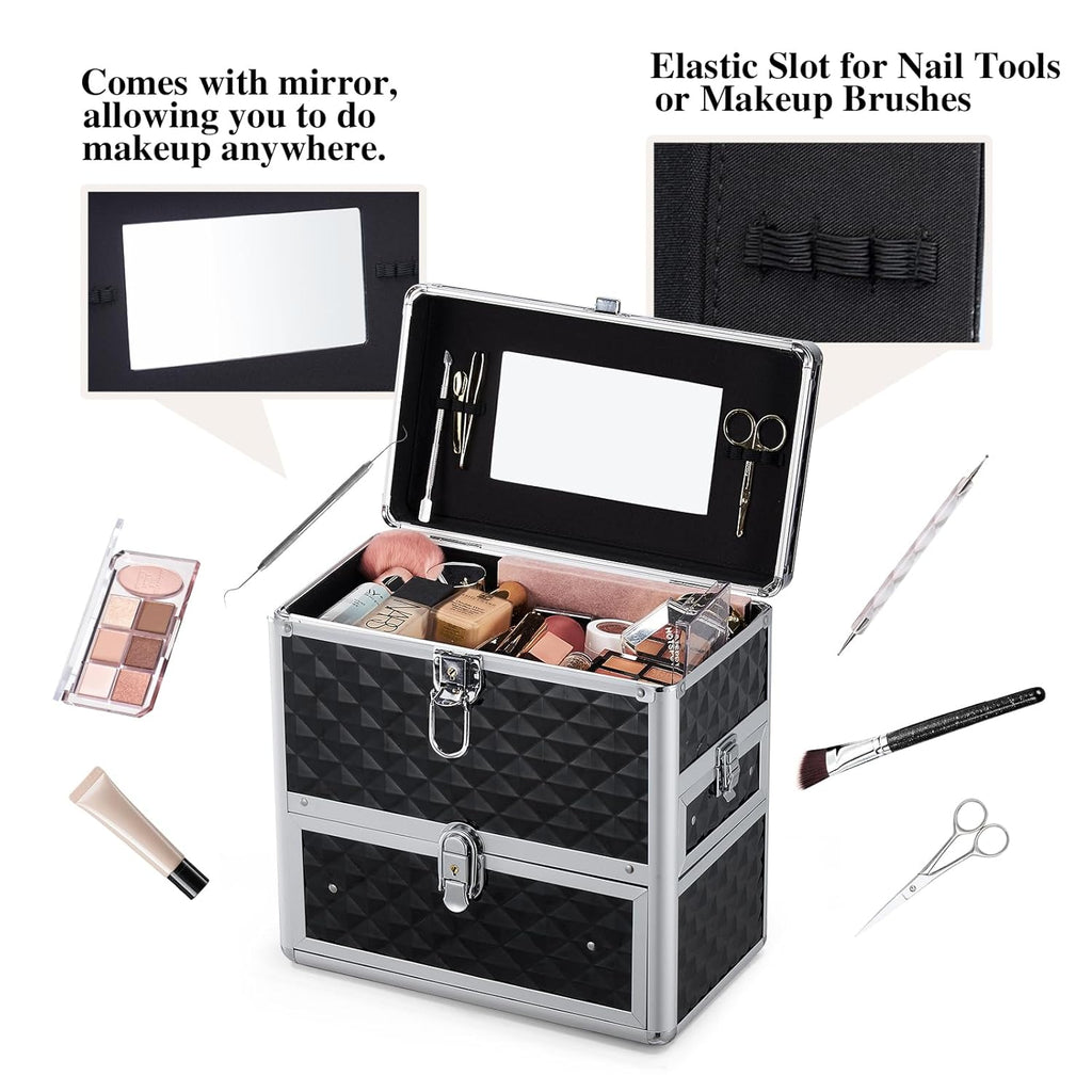 Frenessa Nail Polish Makeup Train Case with Drawer and Dividers Manicure Organizer Accessory Storage Makeup Box With Mirror Lockable Keys Nail Kit Organizer Cosmetic Case Jewelry Box - Black