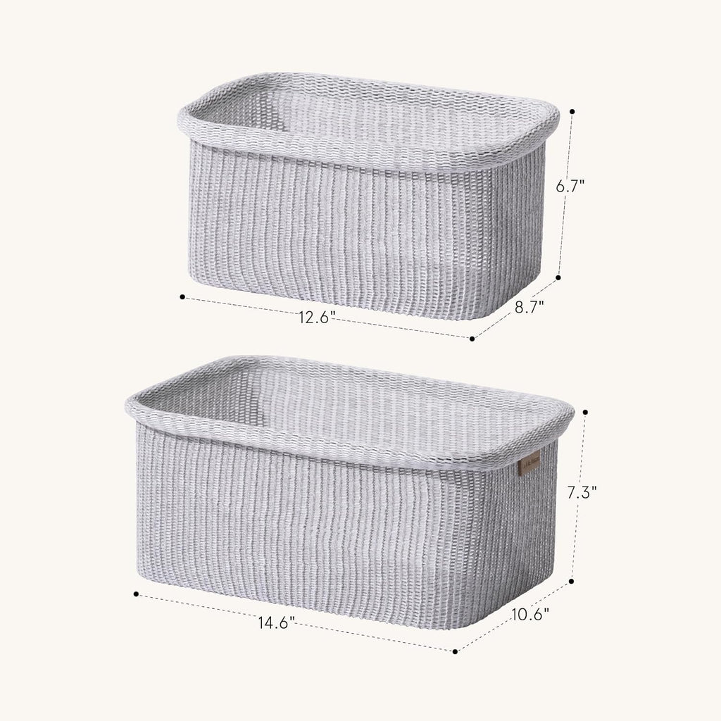 La Jolie Maison Blended Fabric Storage Baskets Set of 2, Rectangle Knitted Baskets for Organizing, Boho Decorative Baskets, Durable Finish, Grey