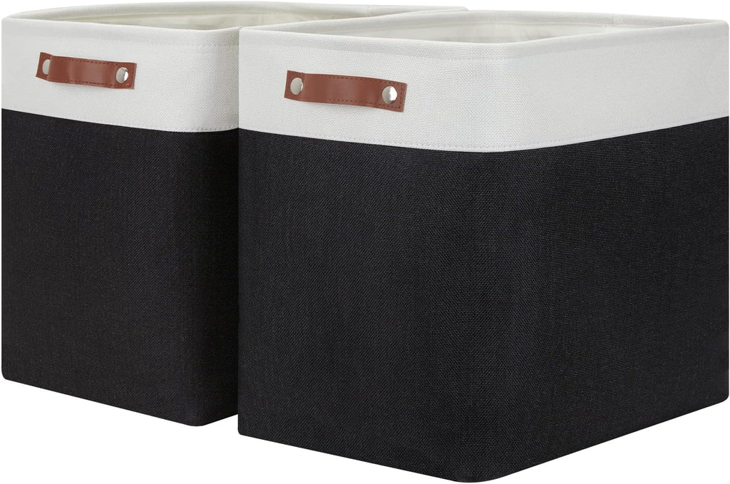 HNZIGE Baskets Shelf Baskets for Clothes 2 Pack Large Storage Bins Fabric Baskets for Organizing, Collapsible Rectangular Canvas Linen Storage Basket with Handles for Storage Closet (White&Black)