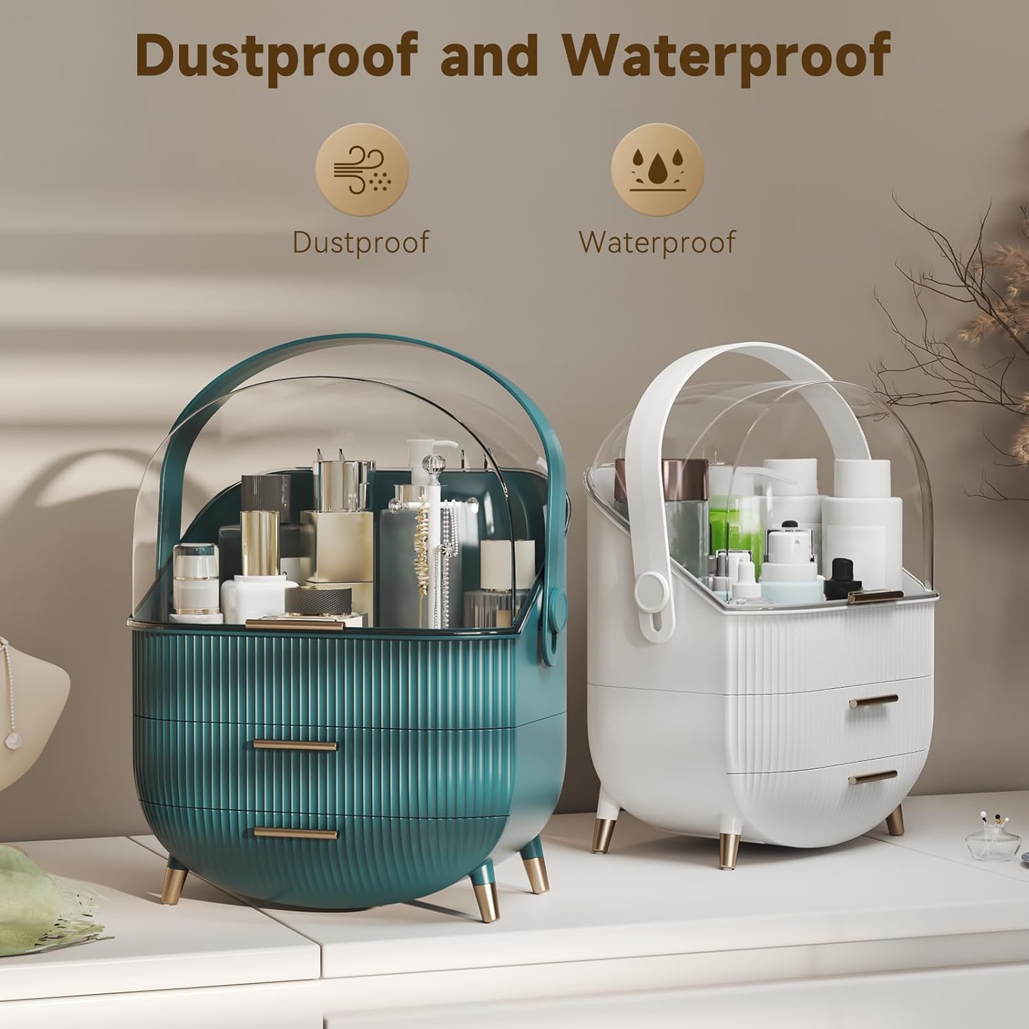 Makeup Organizers, Make Up Organizer for Vanity, Countertop Cosmetic Storage with Drawers and Transparent Cover for Bedroom Bathroom, Green