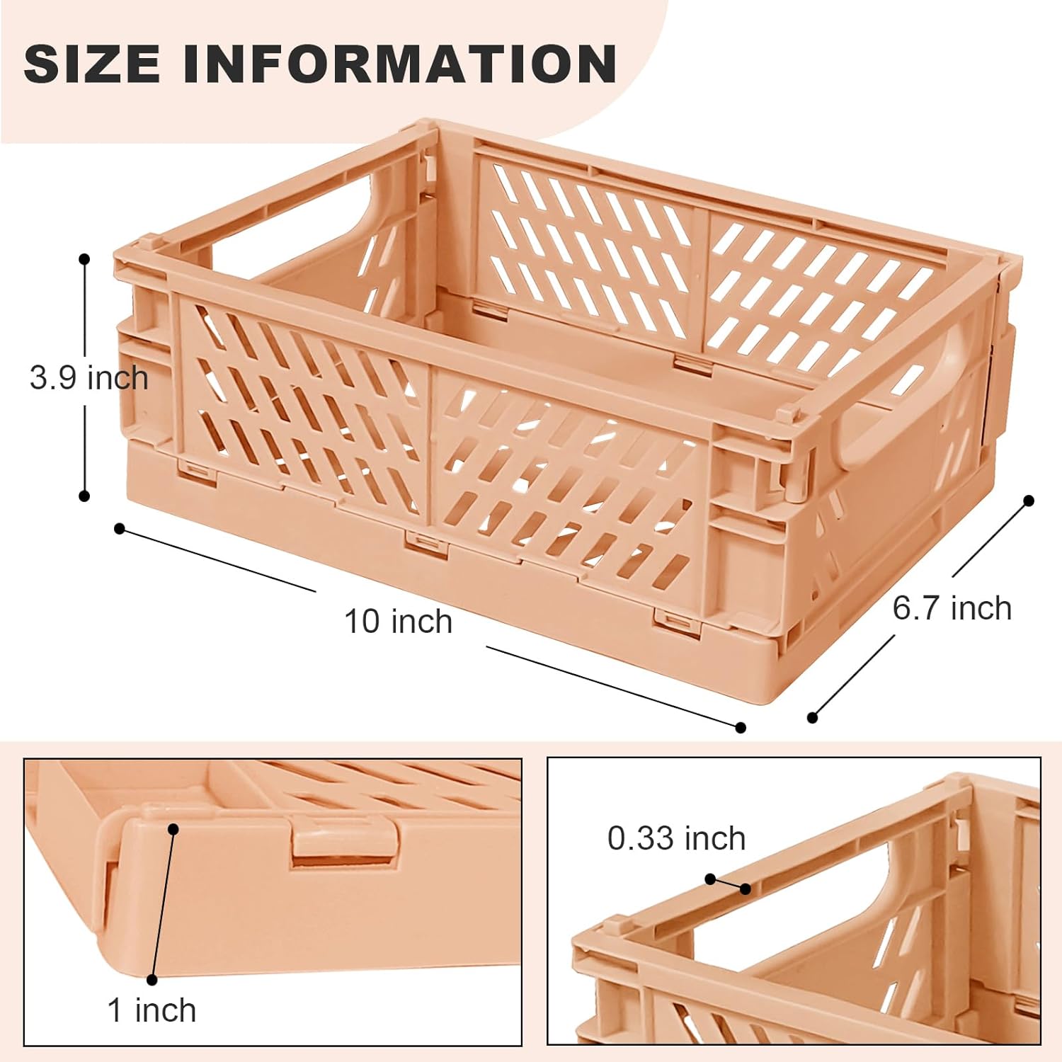 Pastel Plastic Storage Baskets 2 Pack, Collapsible Crates for Organizing, Space-Saving Bins for Kitchen, Office, Bedroom (Orange, Medium:9.8" x 6.5" x 3.8")
