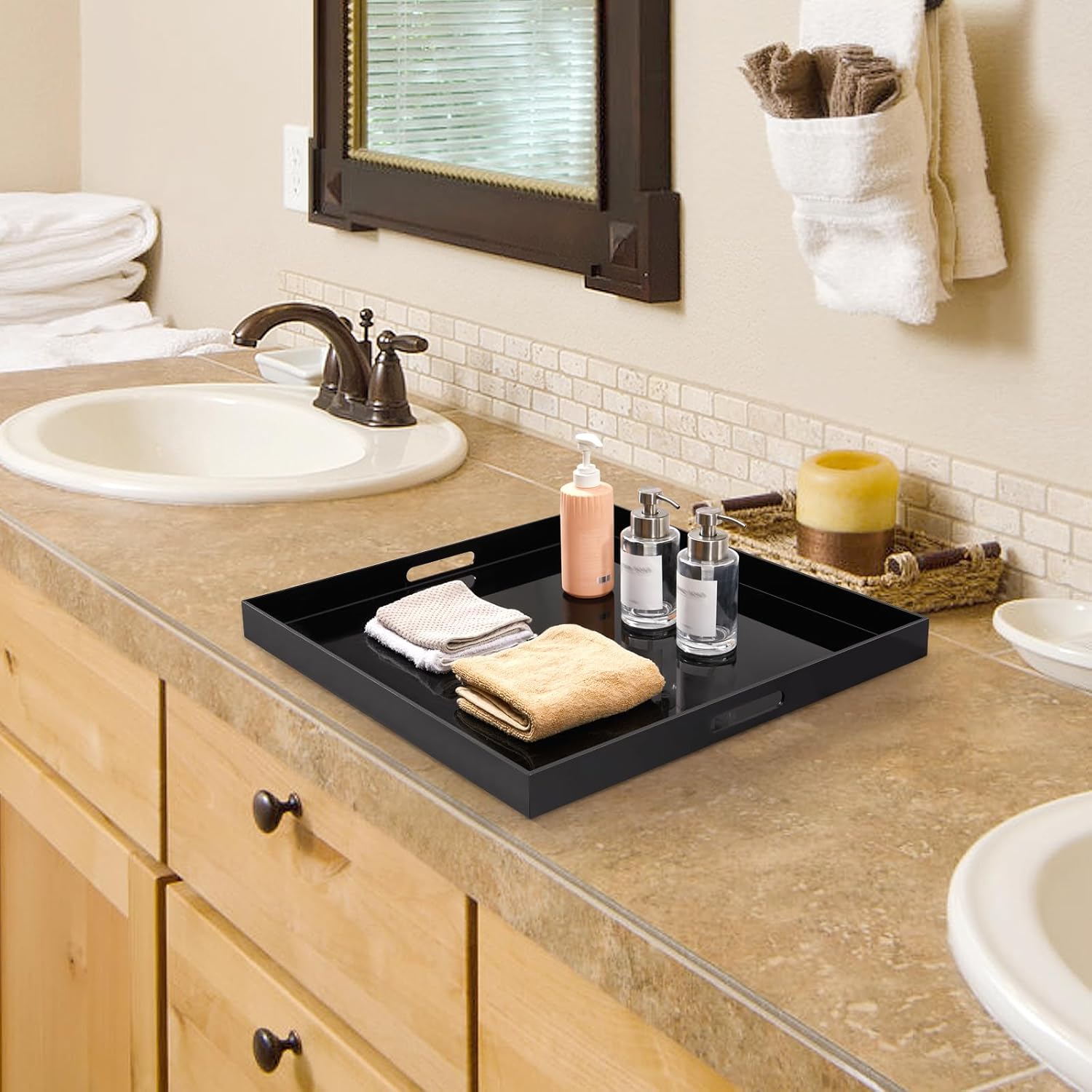 20×18 inches Oversized Black Acrylic Ottoman Tray Extra Large Decorative Tray Spill-Proof Serving Trays with Handles King-Size Safe Edge Organizer for Coffee Table Countertop Breakfast