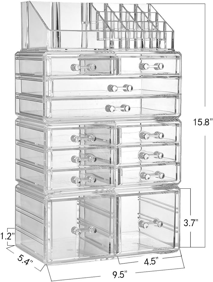 ZHIAI Makeup Organizer Dresser Cosmetic Storage - Clear Acrylic Jewelry Brush Holder Set, 8 Small Drawers, Great for Bathroom, Dresser, Vanity and Countertop