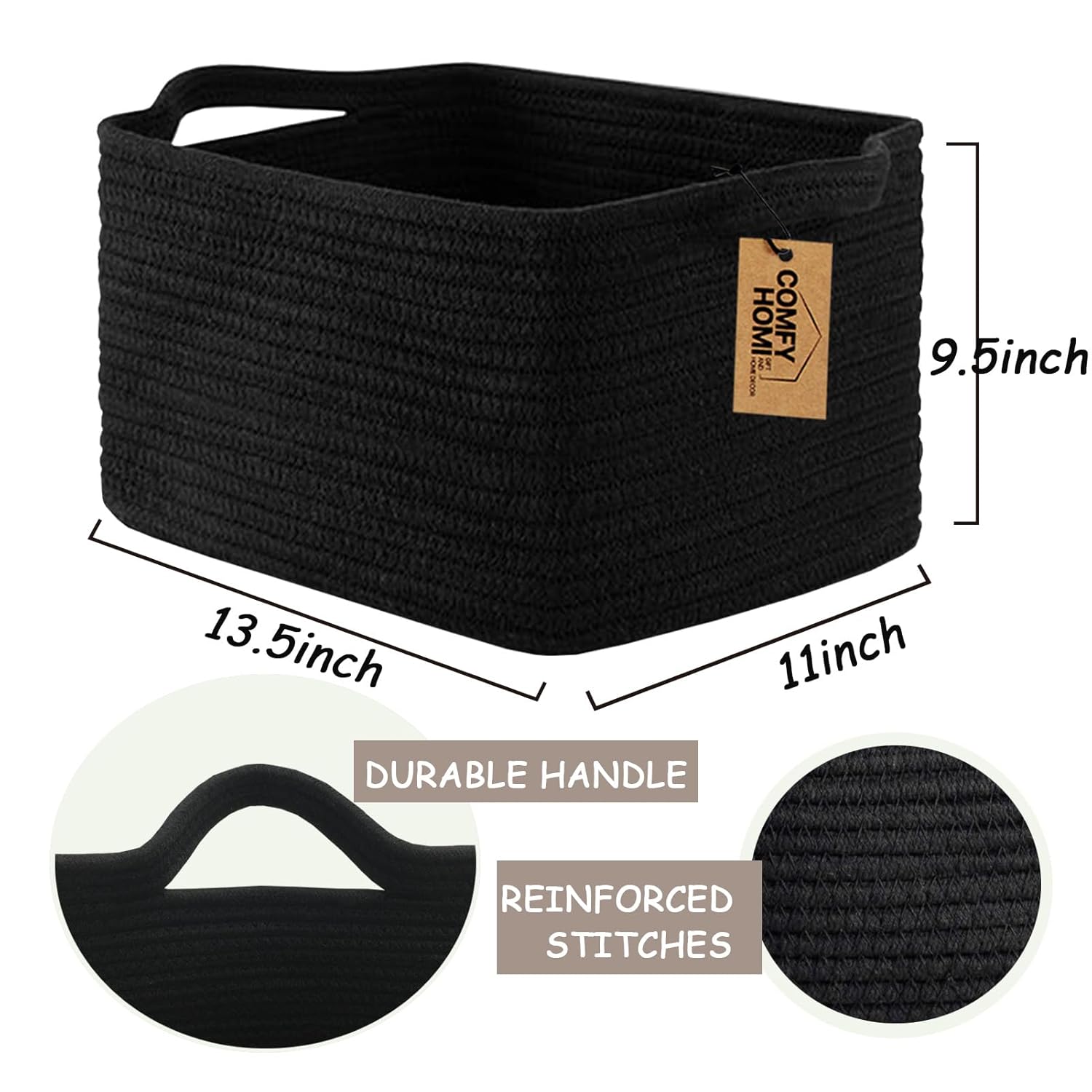 COMFY-HOMI 3PACK Cotton Rope Woven Basket With Handles for Shelves, Toy, Book, Cloth Storage Basket for Organizing|13.5" x 11" x 9.5" Decorative Nursery Cube Bin for Living Room（all Black）