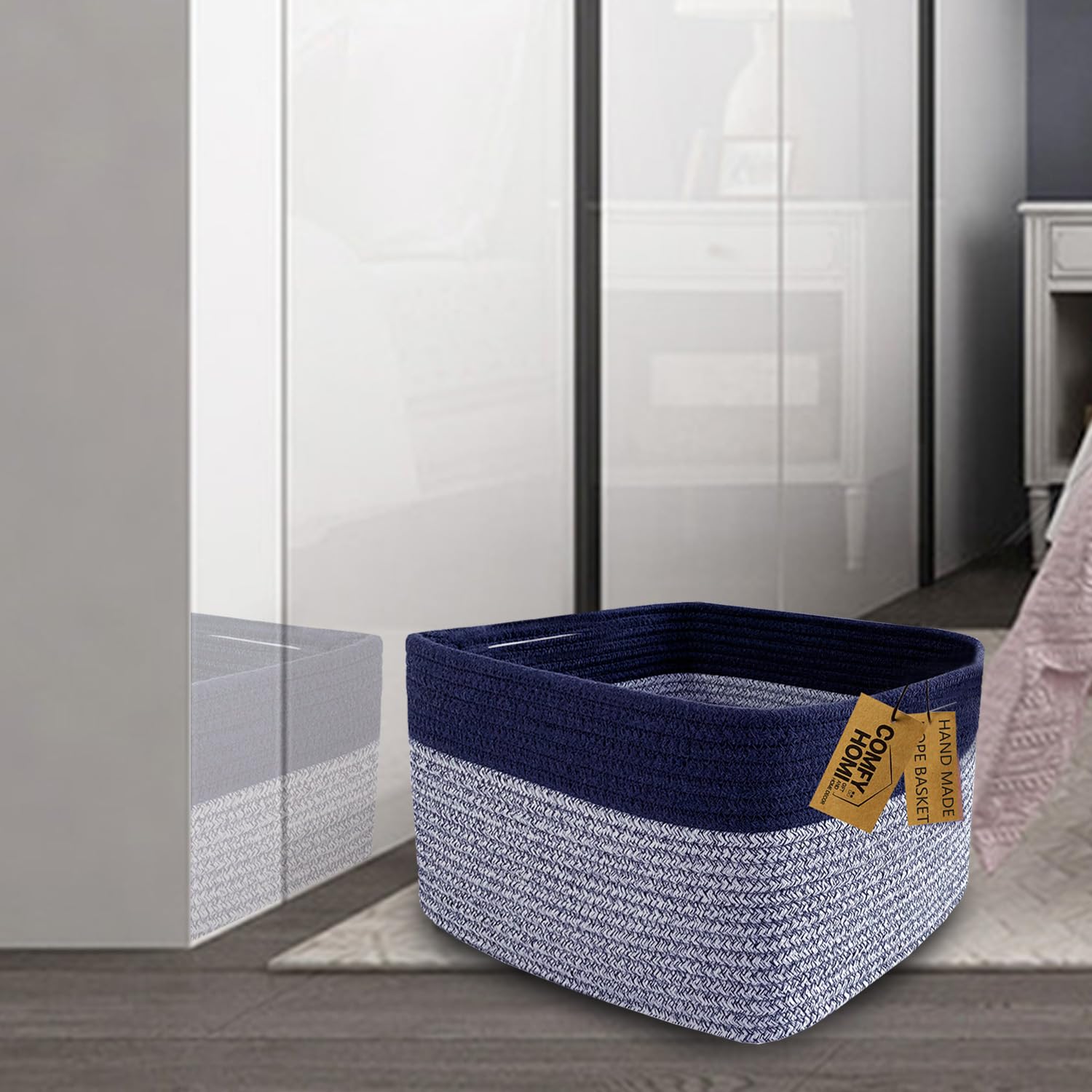 COMFY-HOMI 3PACK Rectangular Cotton Rope Basket With Handles for Shelves|Dog Toy|Baby Gift - Dark Blue (13.5" x 11" x 9.5")