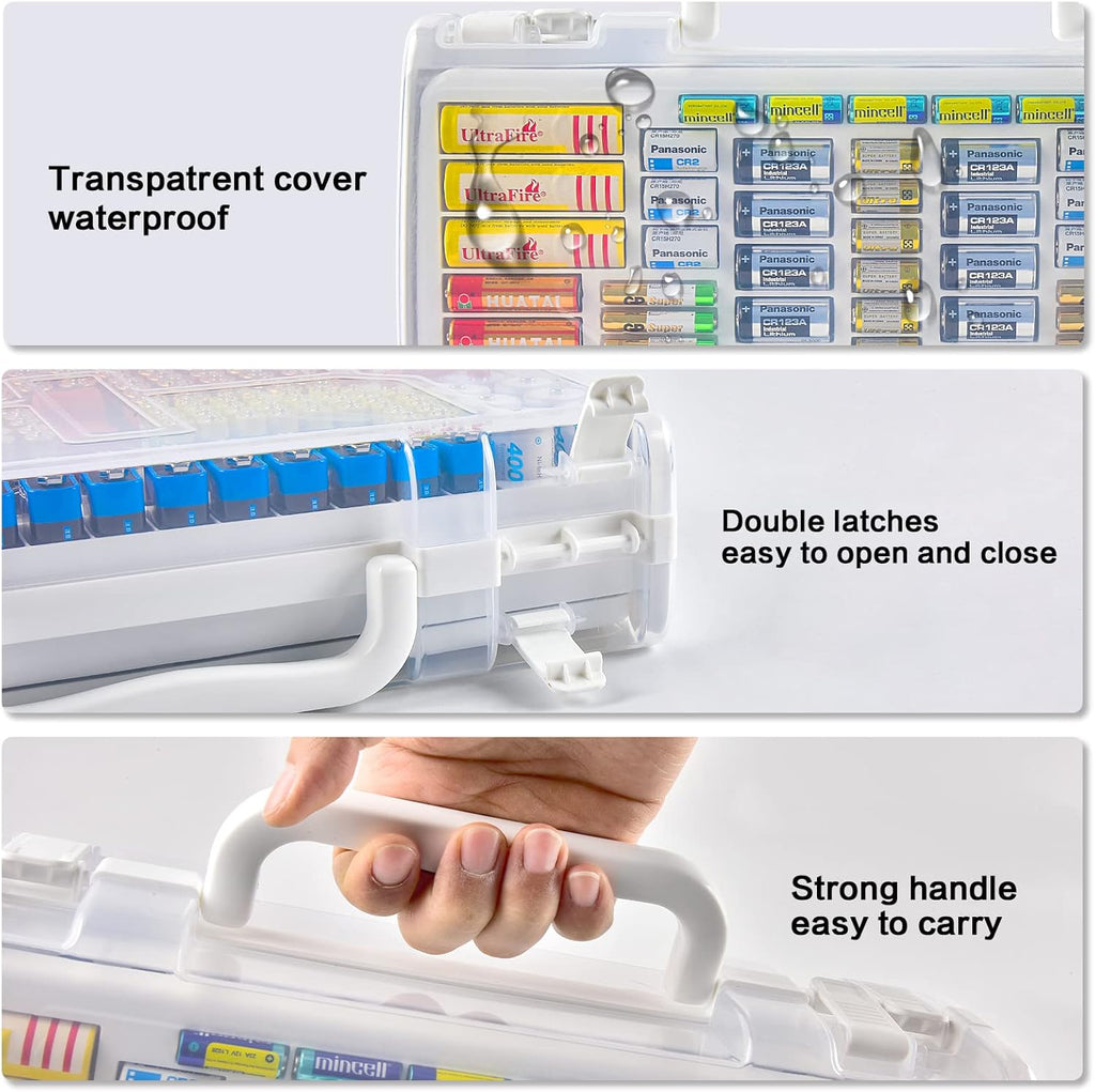 Battery Organizer Storage Case with Double-Sided, Garage Box with Tester Checker Batteries Container for 269pcs AA AAA AAAA 3A 4A 9V C D Lithium 4LR44 CR2 CR123A CR1632 CR2032 18650(Case Only)-White