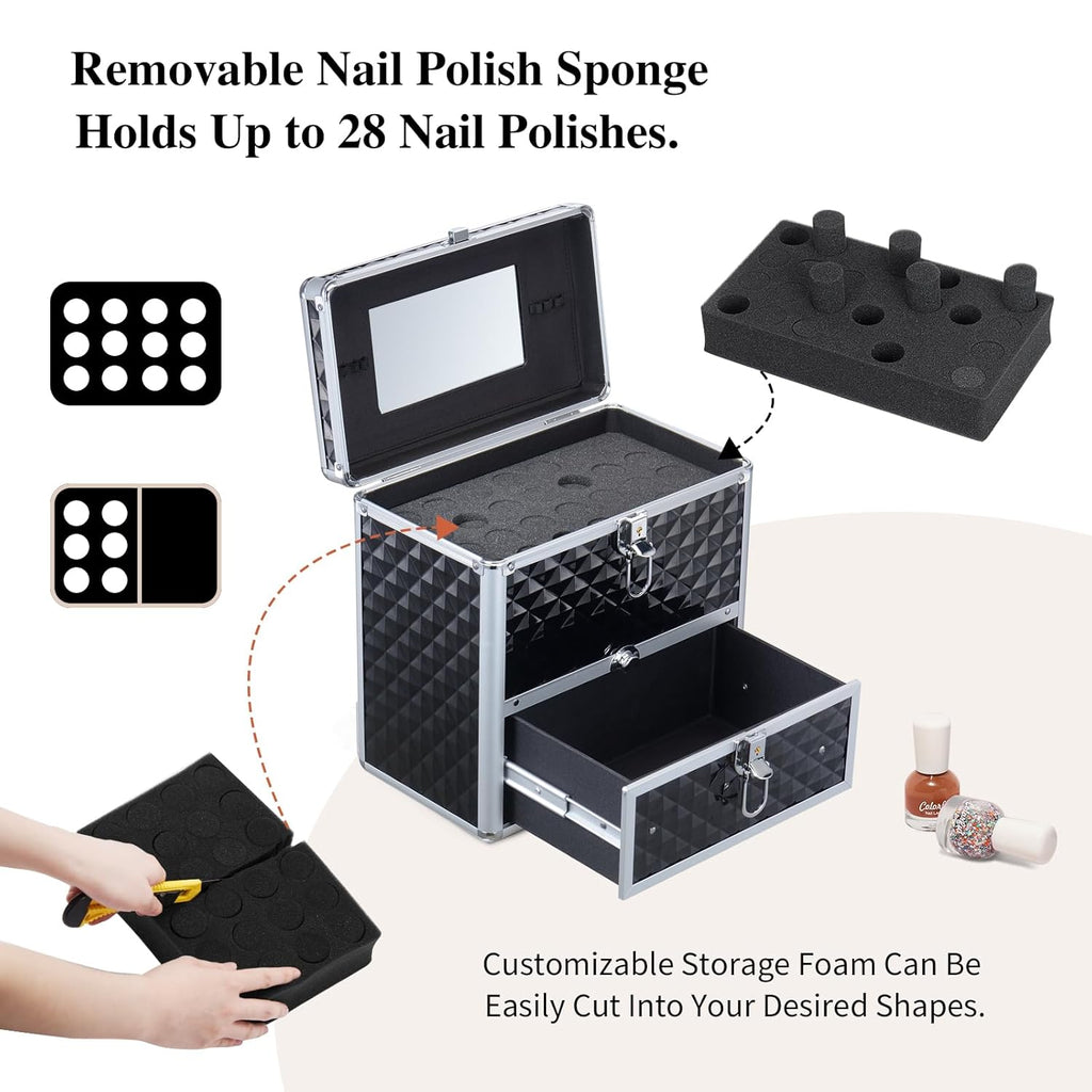 Frenessa Nail Polish Makeup Train Case with Drawer and Dividers Manicure Organizer Accessory Storage Makeup Box With Mirror Lockable Keys Nail Kit Organizer Cosmetic Case Jewelry Box - Black