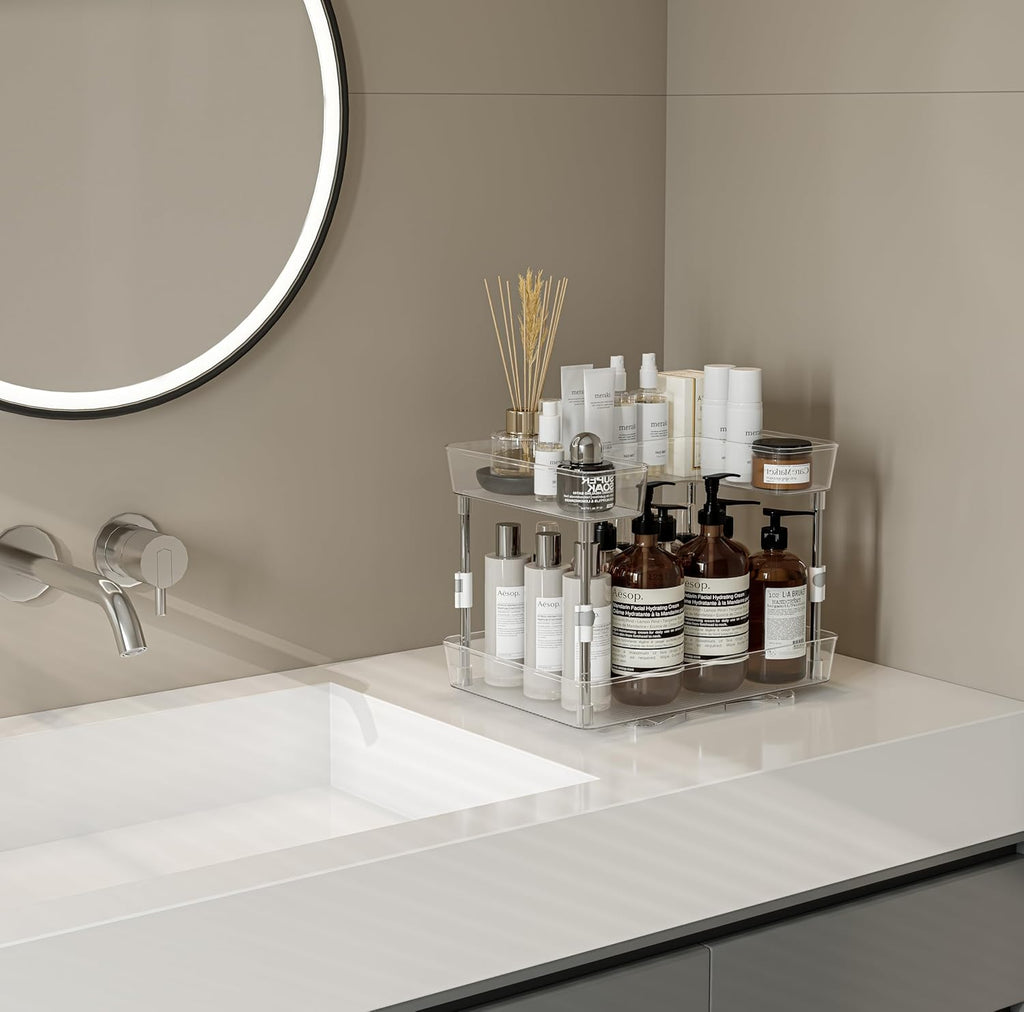 Acrylic Makeup Organizer, 2-Tier Large Capacity Cosmetic Storage Rack with Clear Shelves, Perfume and Skincare Organizer for Bathroom Countertop, Vanity and Dressing Table