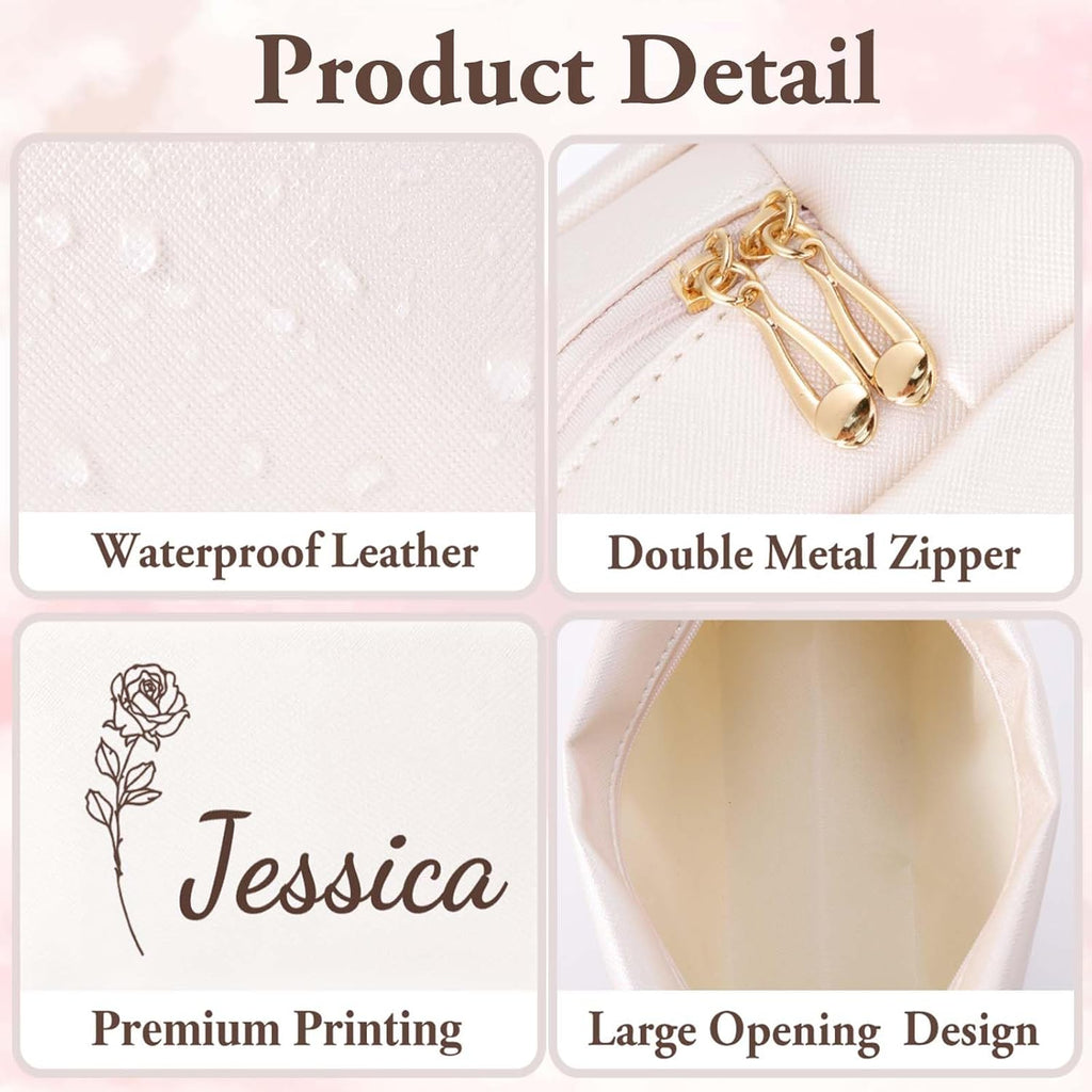 Personalized Makeup Bag with Name & Birth Flower, Custom Leather Cosmetic Bags for Women, Customized Travel Toiletry Bag Gifts for Bridesmaid Wedding