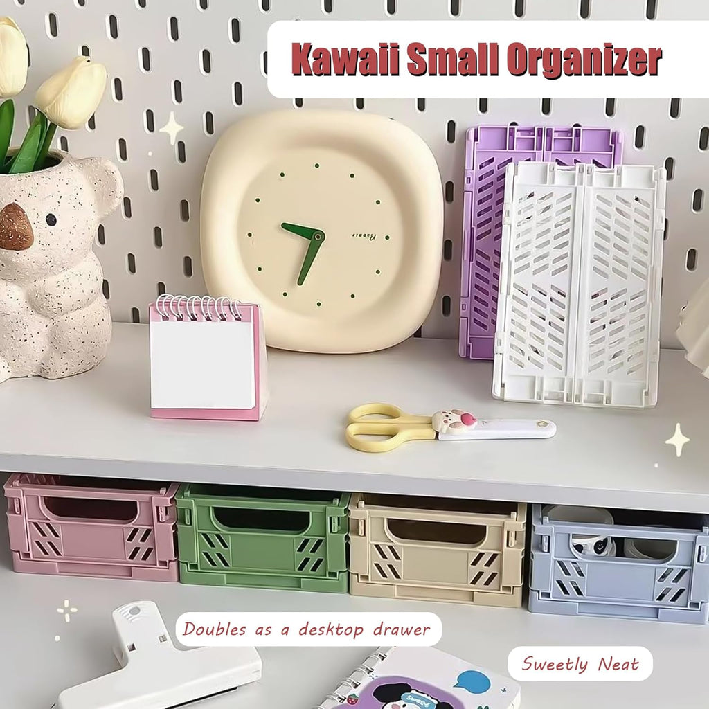 Pastel Plastic Storage Baskets 2 Pack, Collapsible Crates for Organizing, Space-Saving Bins for Kitchen, Office, Bedroom (Purple, Small: 5.8"x 3.8" x 2.2")