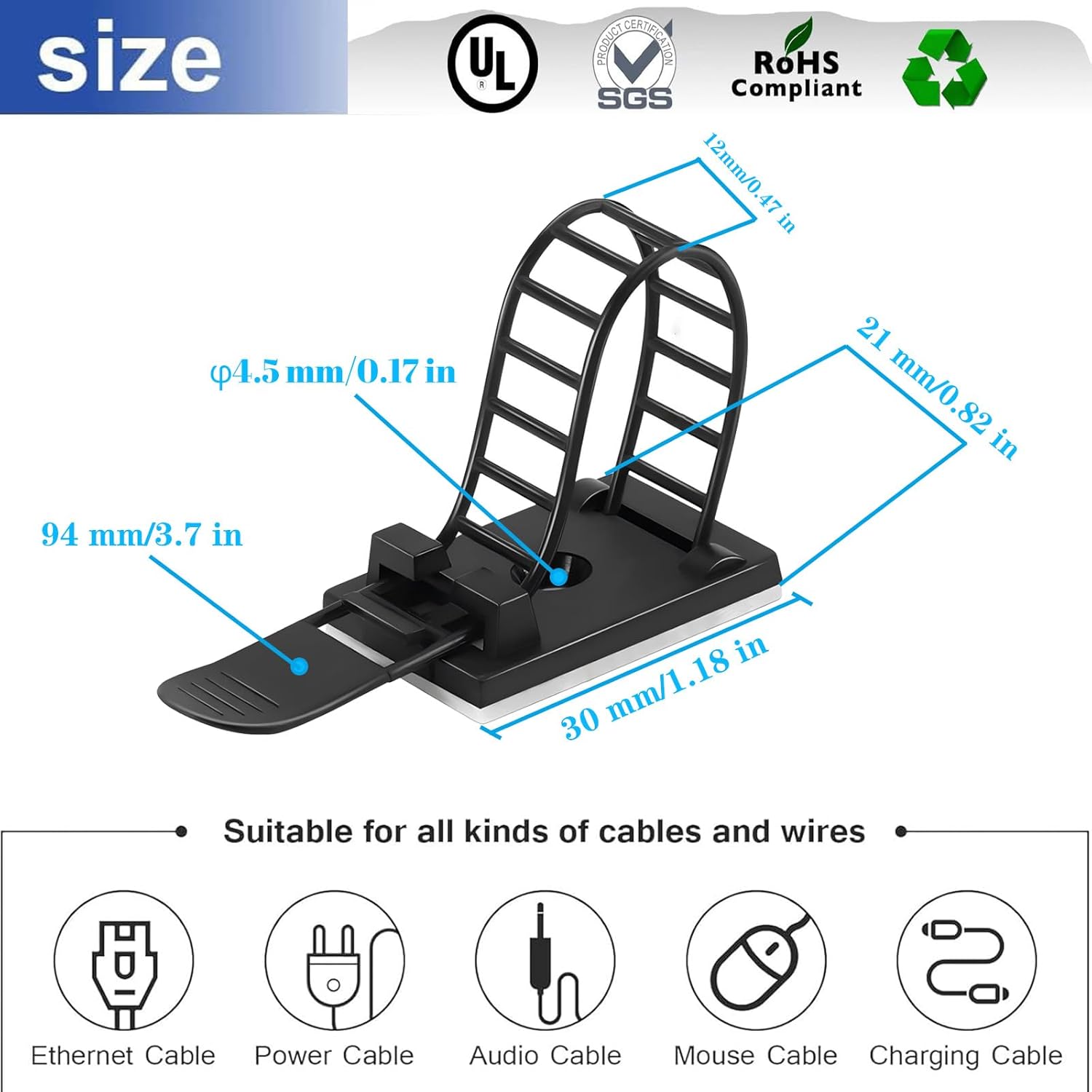 Adjustable 3M Adhesive Cable Management Clips 100Pcs, Large self Adhesive Cable Ties Clips ，Suitable for Cable Management Under desks and on Walls(Black)