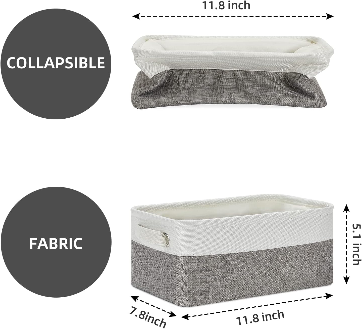 HNZIGE Small Organizer Bins for Shelf,Small Fabric Collapsible Baskets for Organizing Nursery Linen Canvas,Set of 6 Decorative Storage Basket for Storage Closet Toy(White&Gray, 11.8" x 7.8" x 5.1")