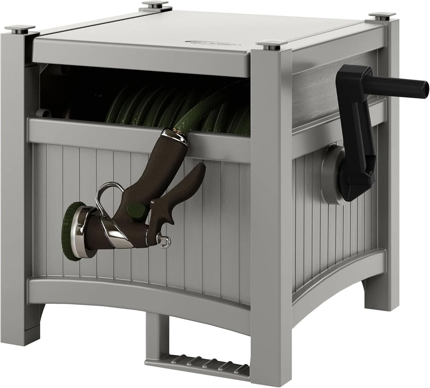 100 ft Garden Hose Reel Hideaway - Holds 5/8" Hose, Durable Resin Storage with Side Handle, No Assembly Required, Compact Design (21x15.5x16 in) for Outdoor Organization, Gray