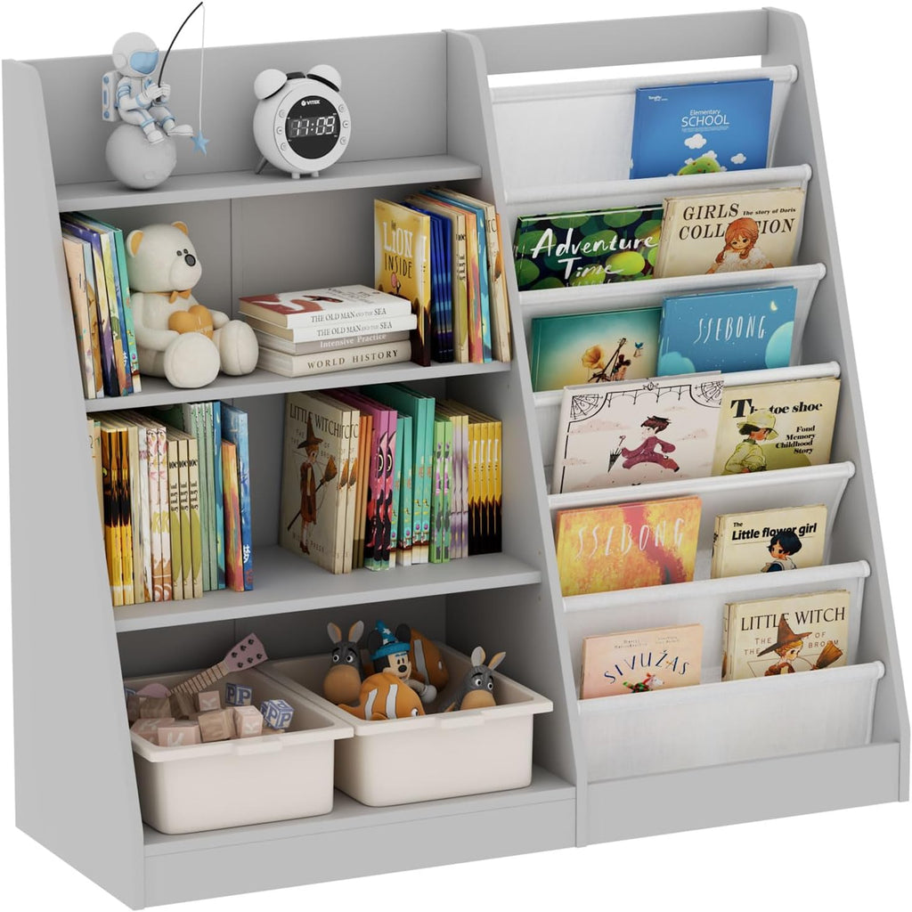Gray Kids Bookshelf for Nursery Toddler Baby Sling Book Rack Adjustable Shelf Children Bookcase for Classroom Playroom Bedroom Décor Toy Magazine Book Storage Organizer 4 Tier Boy Girl’s Gift