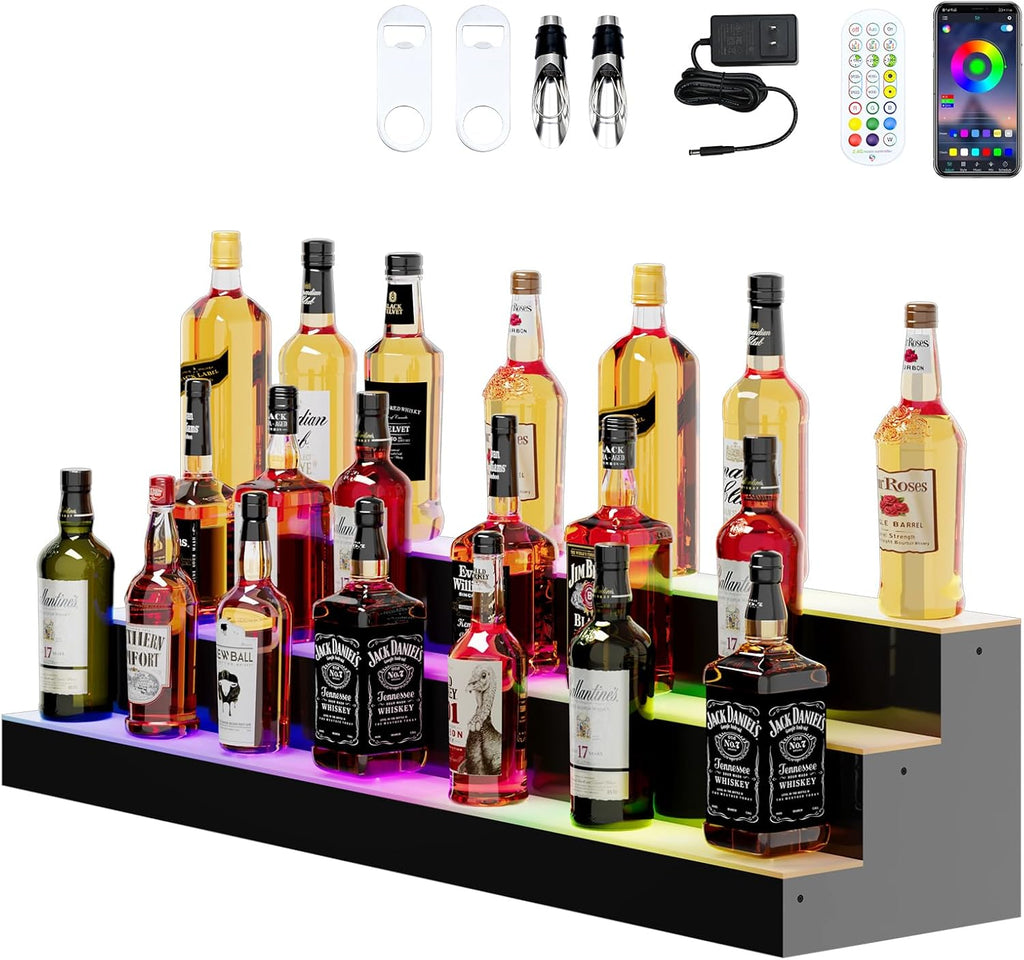 Dethan 3 Tier 48 Inch Liquor Bottle Display Shelf - Wine Racks with Multi-Color App & Remote Control, Adjustable Brightness & Sound Modes, Acrylic Bar Shelves for Commercial Clubs