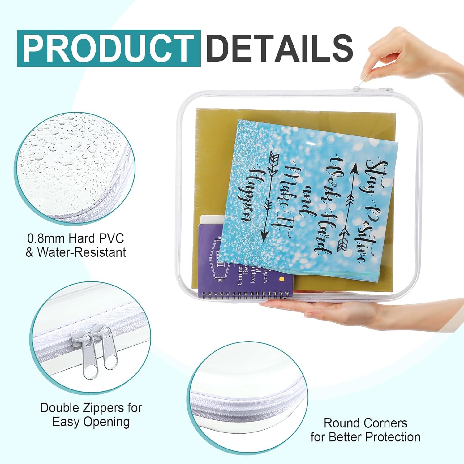 Hoolerry 4 Pcs Hard Clear Zipper Case Makeup Bags Plastic Pencil Pouch Transparent Storage Box Containers for Cosmetics, Snacks, Building Blocks, Puzzles(White,13.8 x 11.8 x 2 in)