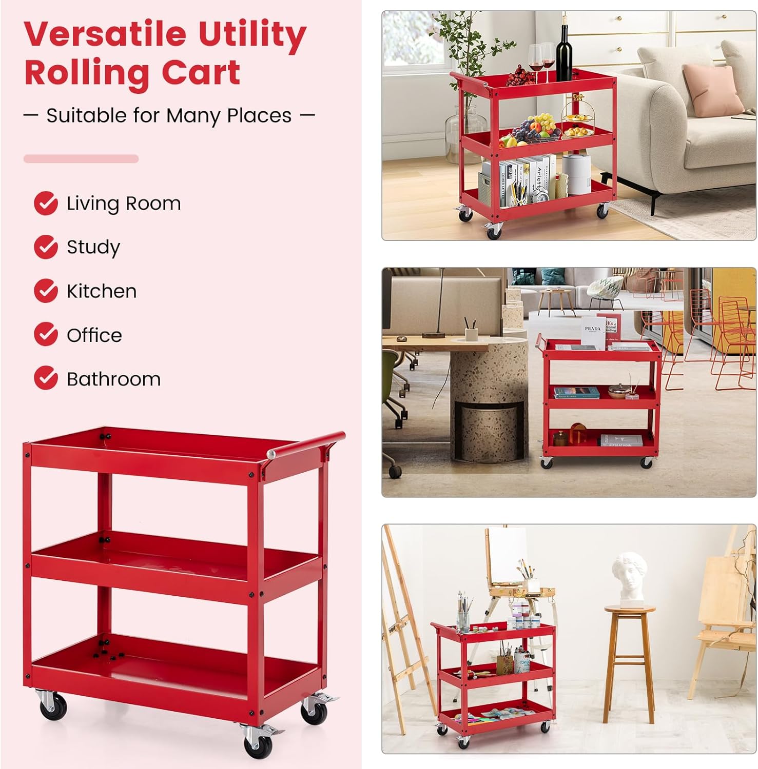 Goplus 3-Tier Utility Cart, Heavy Duty Commercial Service Tool Cart w/Lockable Wheels, 330lbs Load Capacity, Ergonomic Handle, Rolling Mechanic Tool Cart Storage Organizer for Warehouse Garage Red