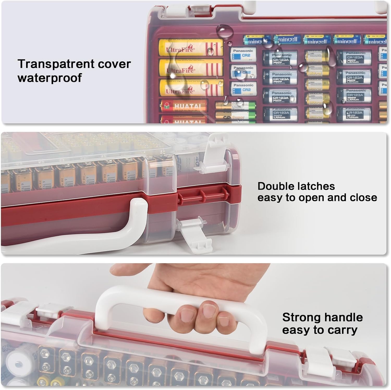 Battery Organizer Storage Holder Case with Double-Sided, Garage Box with Tester Checker. Batteries Container for 269pcs AA AAA AAAA 3A 4A 9V C D Lithium 4LR44 CR2 CR123A CR1632 CR2032 18650 -Red