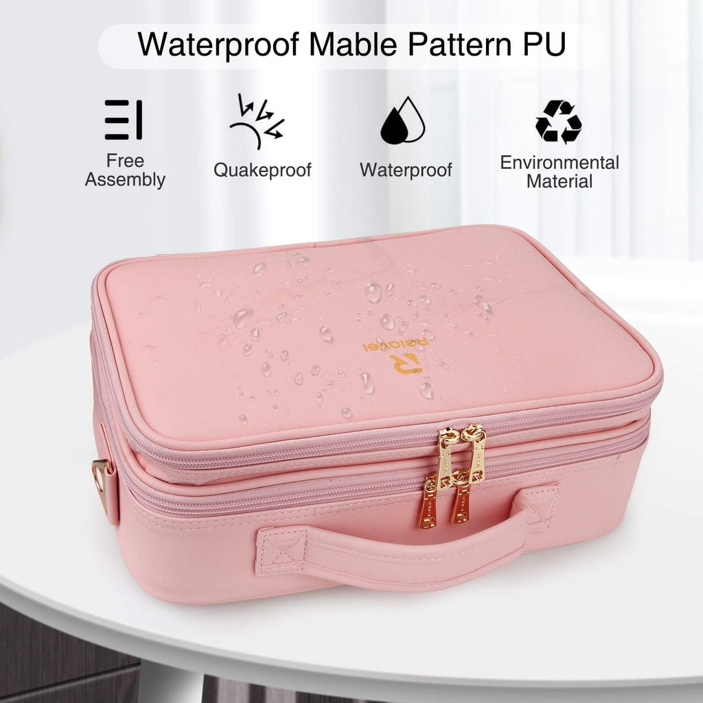 Relavel Makeup Bag Travel Makeup Train Case 13.8 inches Large Cosmetic Case Professional Portable Makeup Brush Holder Organizer and Storage with Adjustable Dividers and Shoulder Strap (Pink)