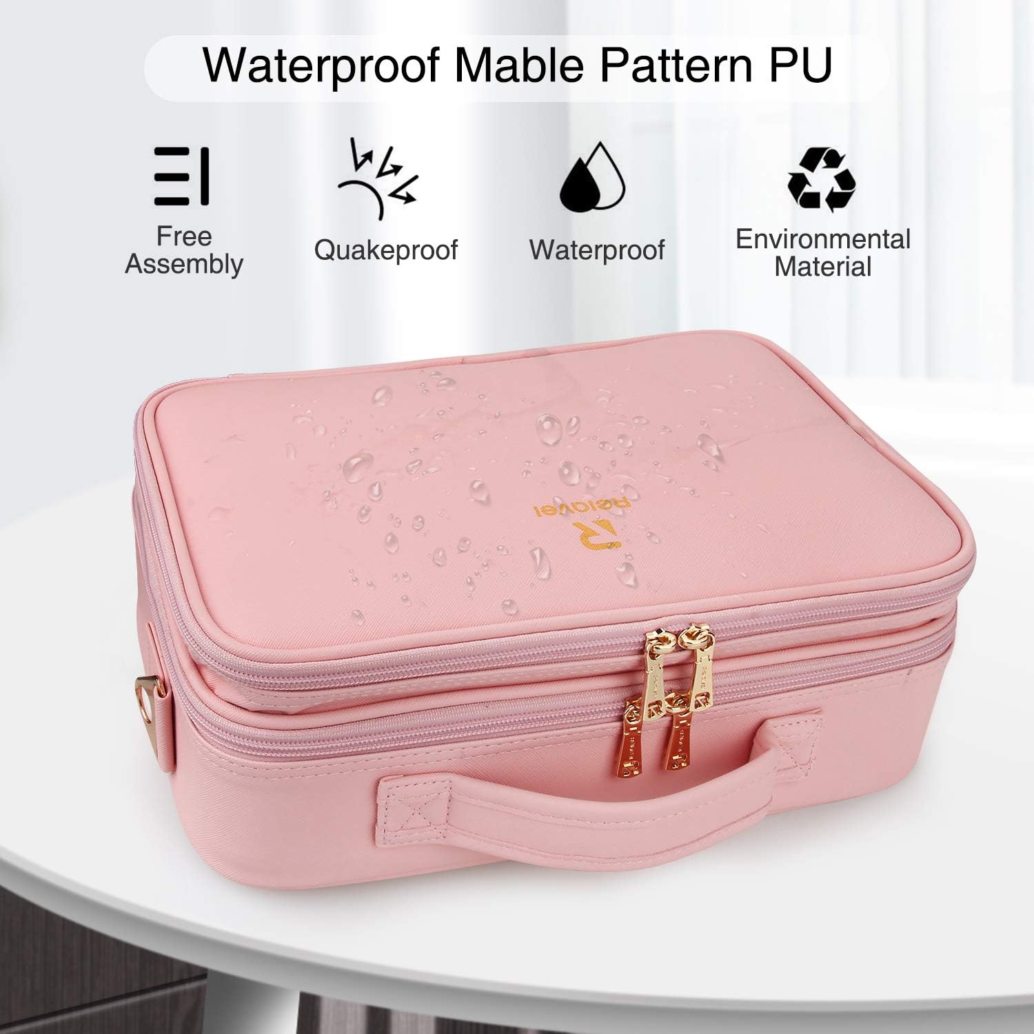 Relavel Makeup Bag Travel Makeup Train Case 13.8 inches Large Cosmetic Case Professional Portable Makeup Brush Holder Organizer and Storage with Adjustable Dividers and Shoulder Strap (Pink)