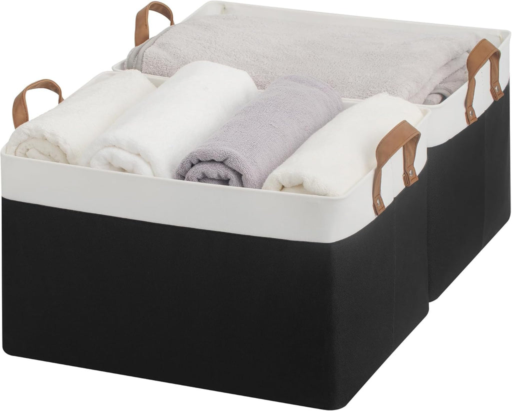 StorageWorks Storage Bins, Fabric Storage Bins for Shelves, Extra Large Storage Baskets with Metal Frame, Closet Baskets and Bins with Handles, Jumbo, Black and White, 2-Pack
