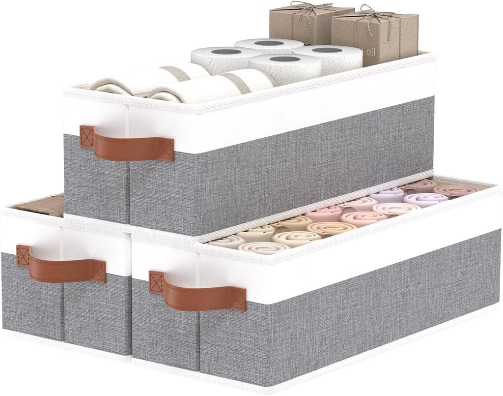 OUTBROS Storage Bins,Foldable Storage Baskets for Organizing,Fabric Storage Boxes With Handles,For bedrooms, living rooms, Shelves,Gray/White,15x6.1x5.1in,3-Pack