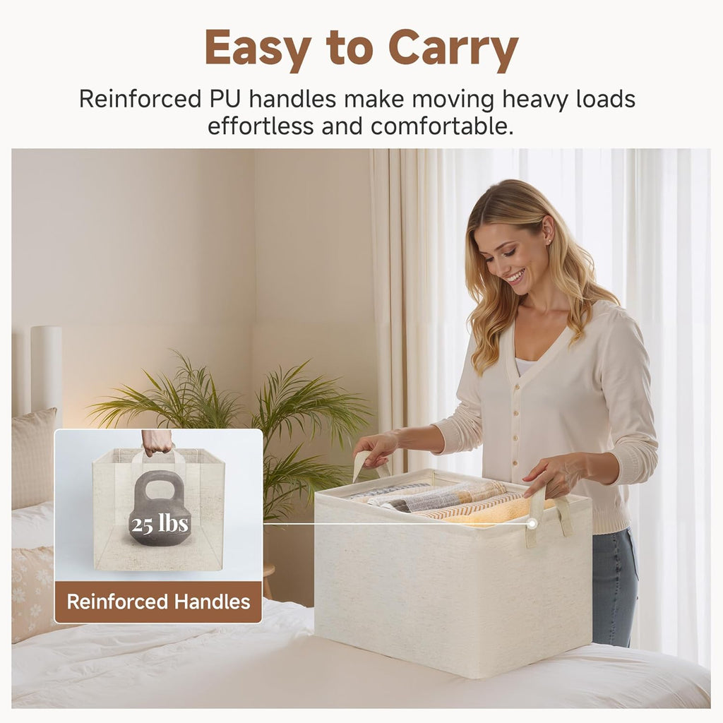 StorageWorks Storage Bins, Shelves Baskets for Organizing, 45L Extra Large Fabric Closet Organizers with Handles, Metal Frame, Beige（Cotton-linen）, 2-Pack