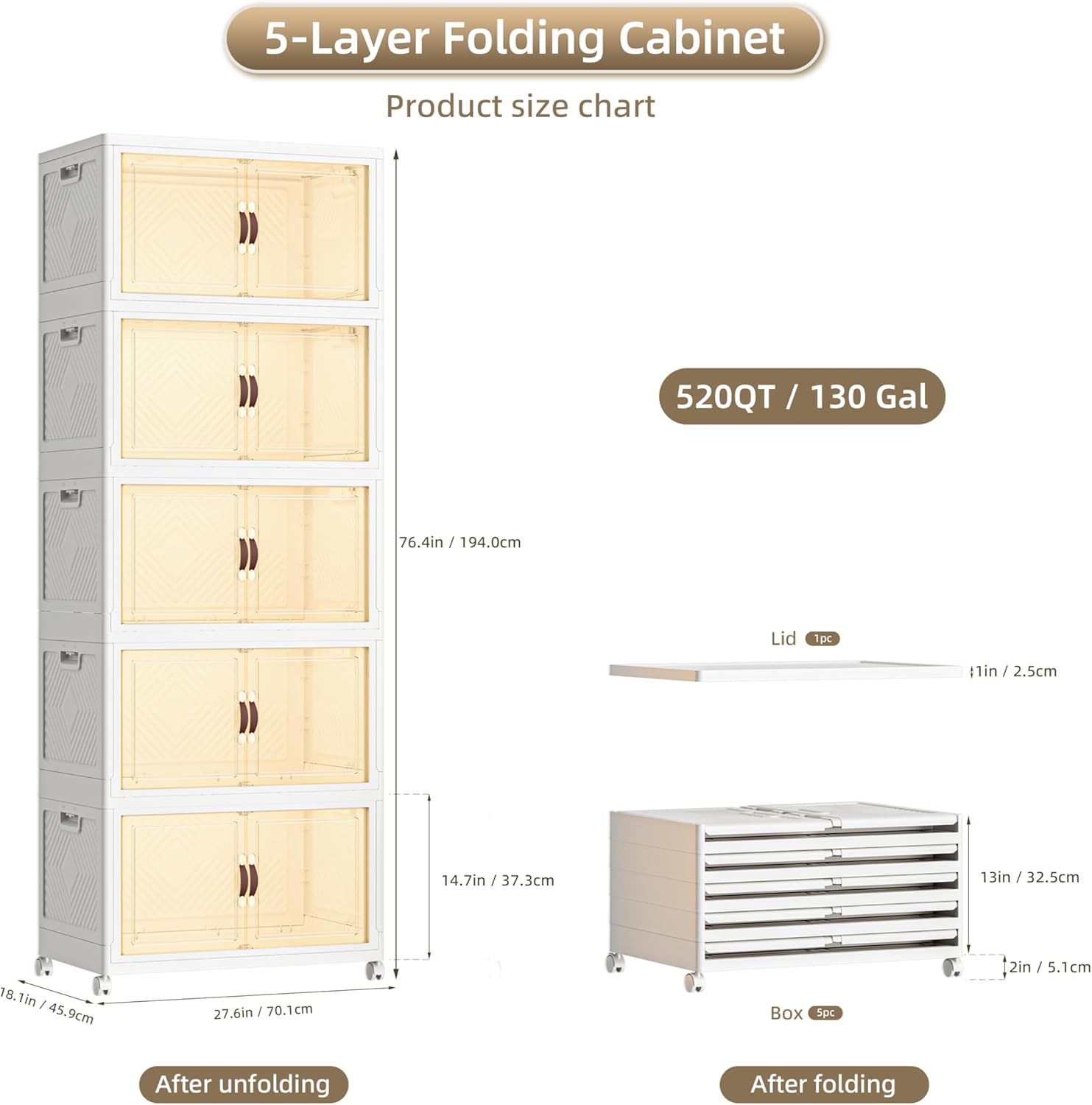 520 QT / 130 Gal Large Foldable Stackable Plastic Storage Cabinet with Double Magnetic Doors, Leather Handles & 4 Wheels - Organize Home, Office, Closet