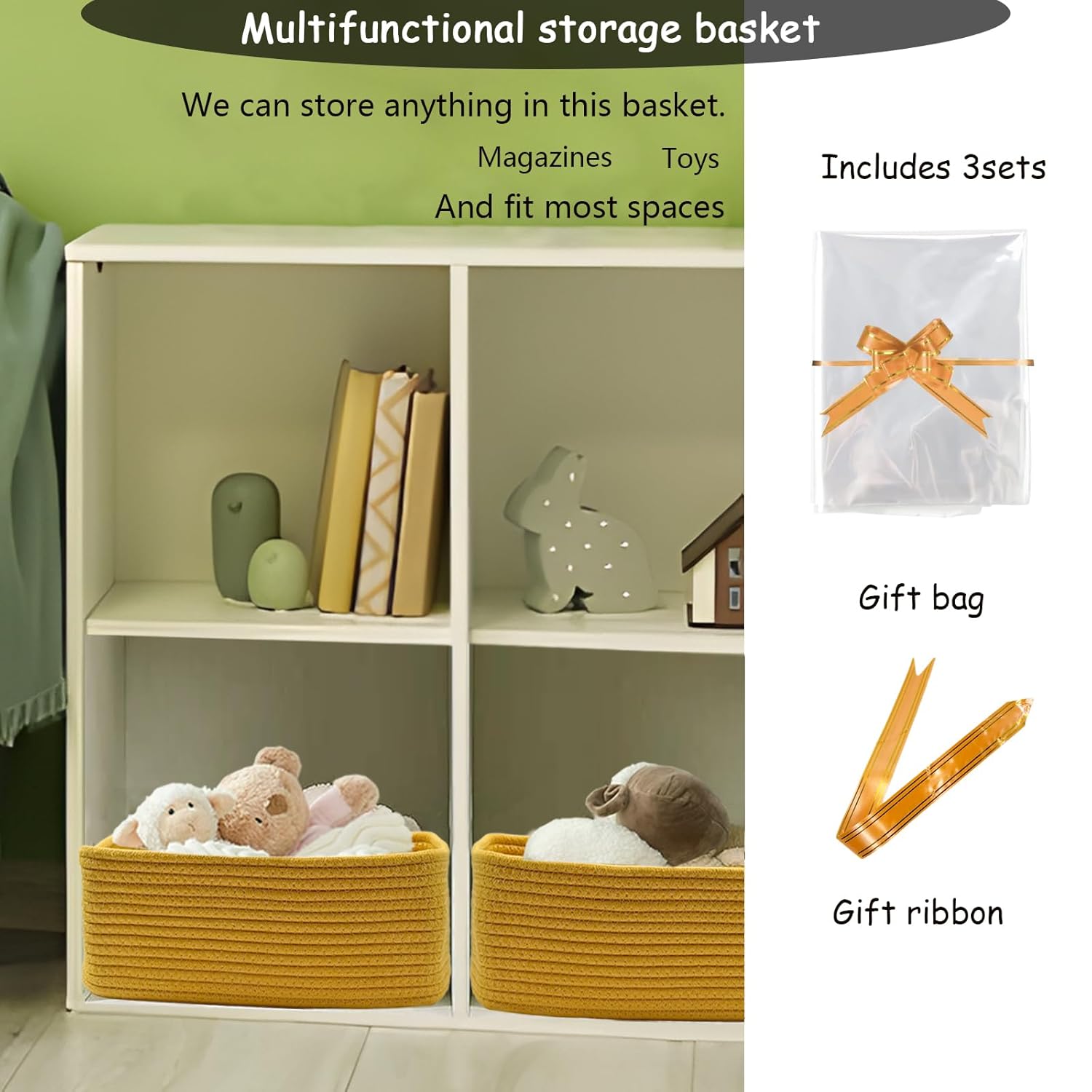 COMFY-HOMI 11.5"x7.5"x4.7" Storage Baskets for Organizing | Cotton Rope Woven Basket | Toy Storage Bin Box | Basket for Shelves, Closet Organizer Bin, Decorative Closet Shelf, 1 Pack,yellow