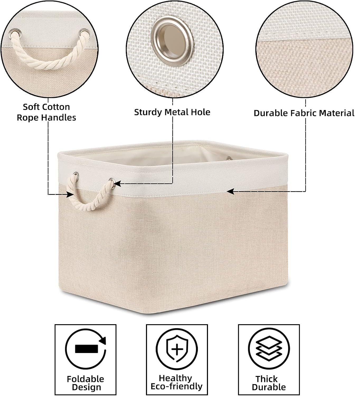 Bidtakay Beige Storage Basket Large Fabric Cloth Baskets [2-Pack] Tall Rectangular Shelf Baskets 16X11.8X11.8 in Canvas Collapsible Storage Bins with Handles for Organizing Living Room(White&Beige)