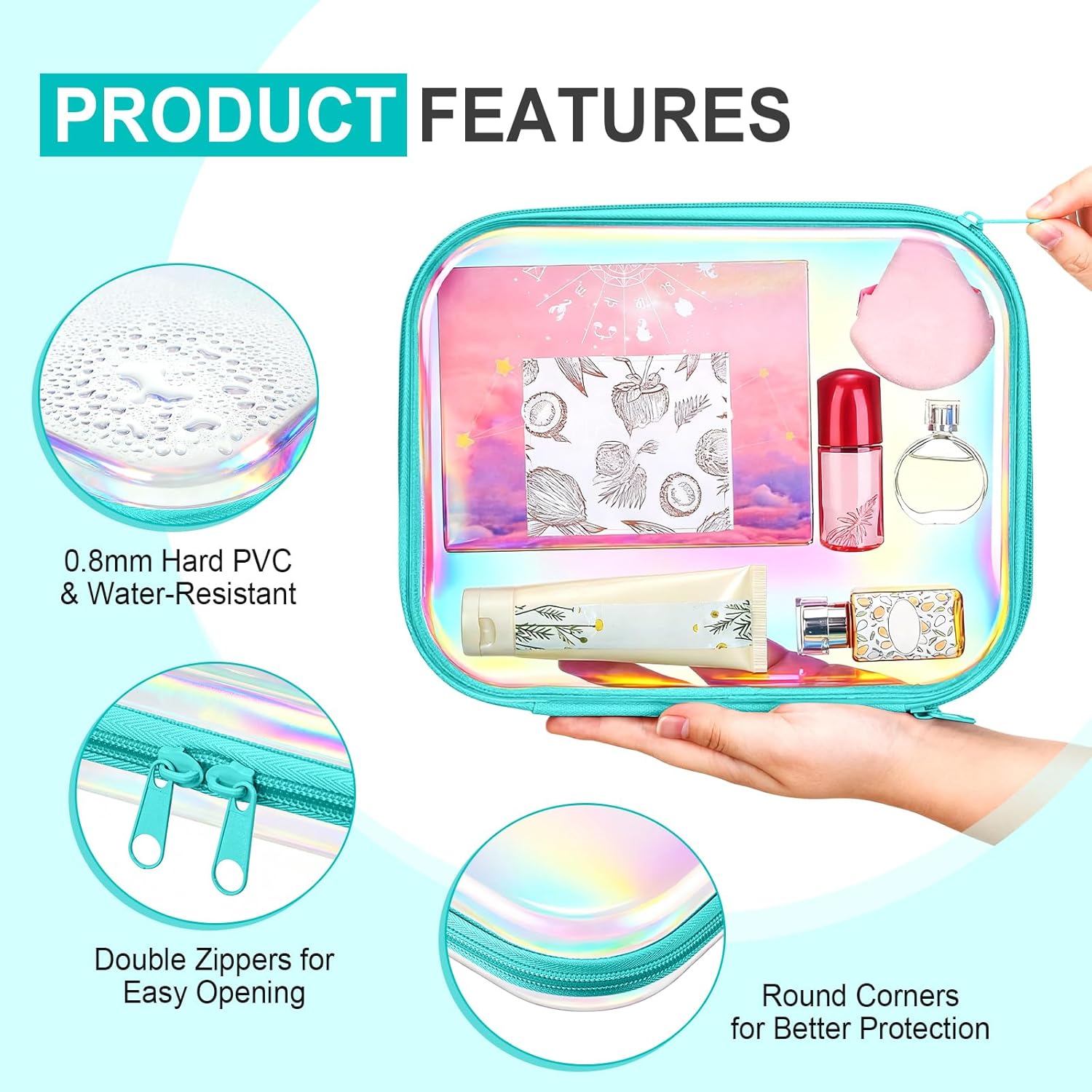 Hoolerry 4 Pcs Hard Clear Zipper Case Makeup Bags Plastic Pencil Pouch Transparent Storage Box Containers for Cosmetics, Snacks, Building Blocks, Puzzles(Blue Laser,9.8 x 7.9 x 2 in)