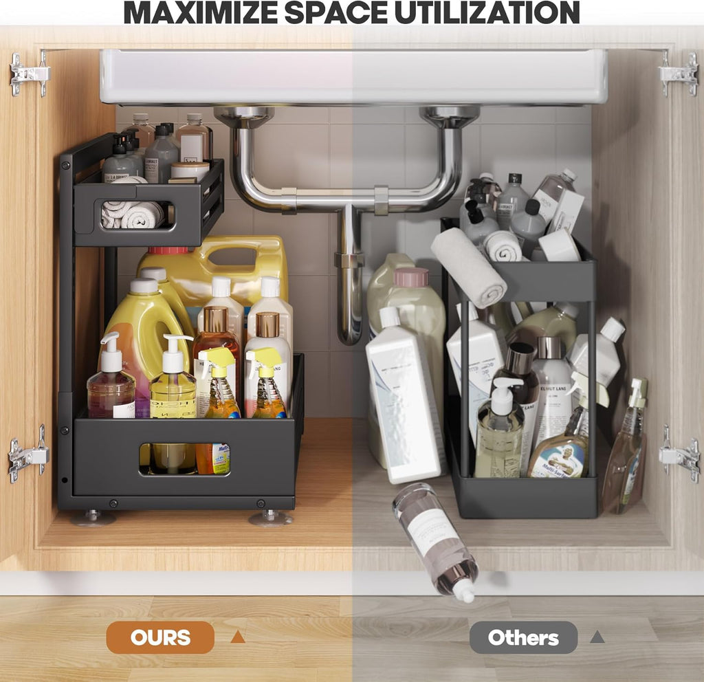 1 Pack Under Sink Organizer,Pull Out Cabinet Organizer with Smooth Cylindrical Rail,Metal Slide Out Drawer for Kitchen Bathroom Laundry Cabinet,8-Level Tool Free Height Adjustable-Black