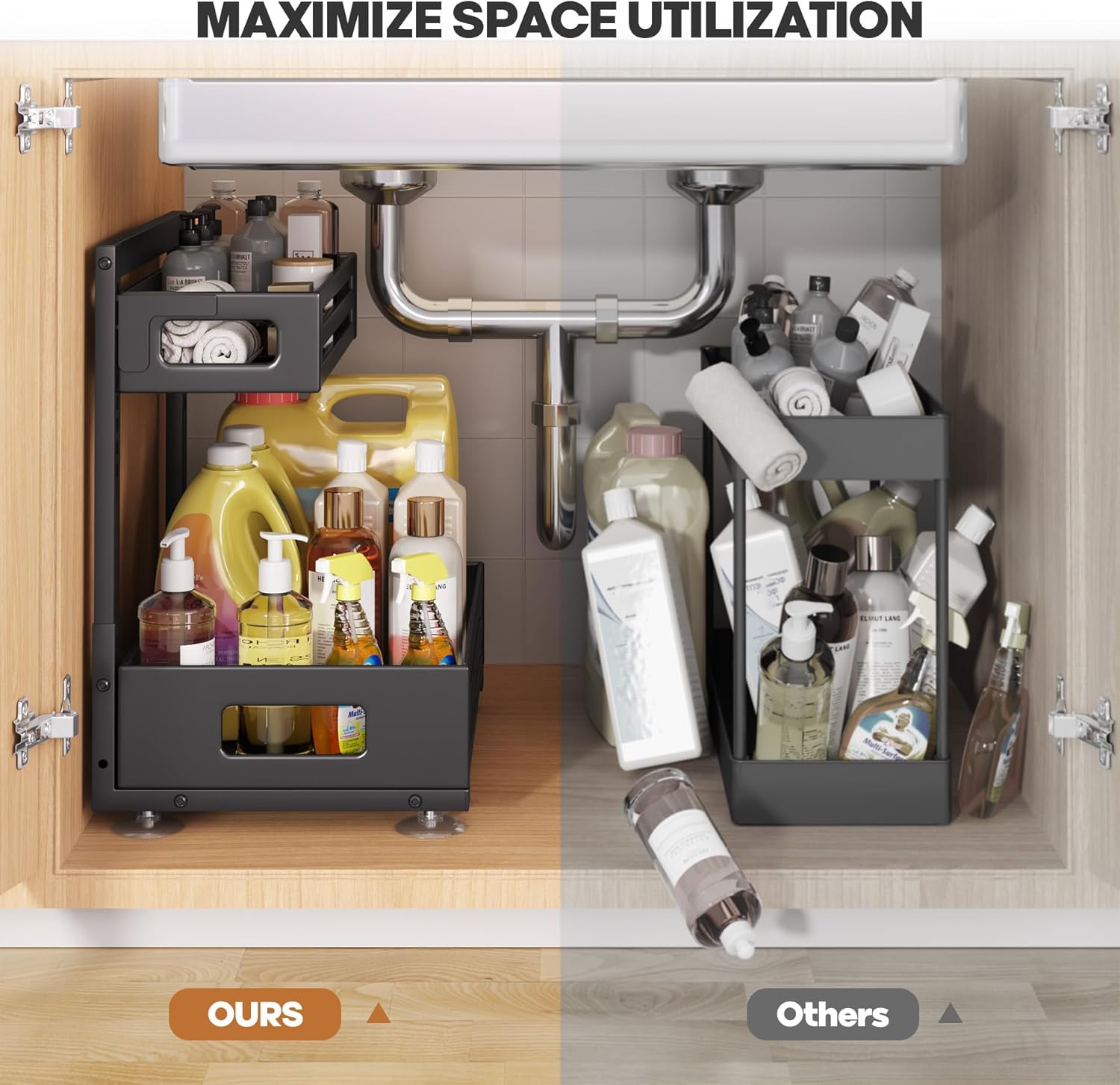 1 Pack Under Sink Organizer,Pull Out Cabinet Organizer with Smooth Cylindrical Rail,Metal Slide Out Drawer for Kitchen Bathroom Laundry Cabinet,8-Level Tool Free Height Adjustable-Black