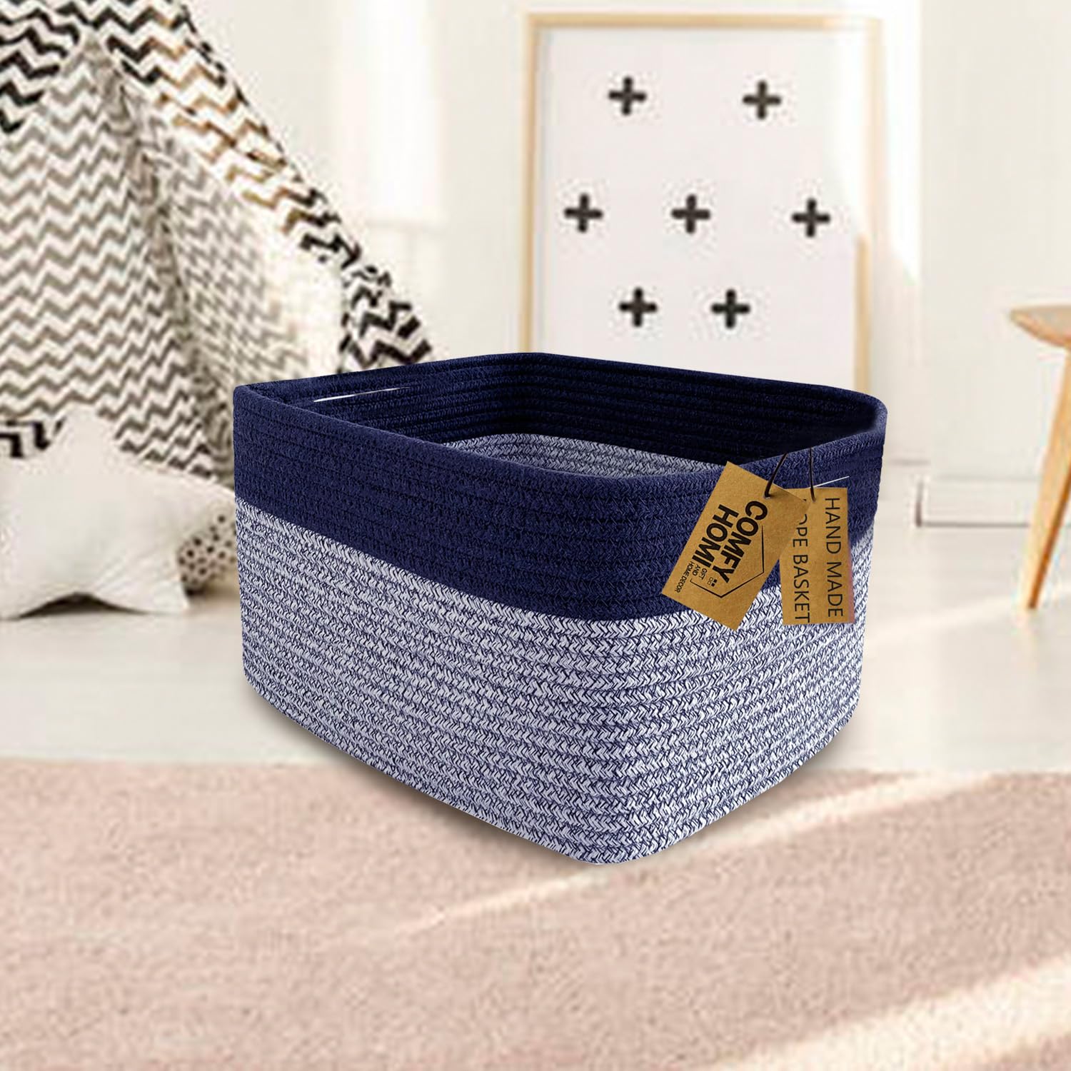 COMFY-HOMI 3PACK Rectangular Cotton Rope Basket With Handles for Shelves|Dog Toy|Baby Gift - Dark Blue (13.5" x 11" x 9.5")