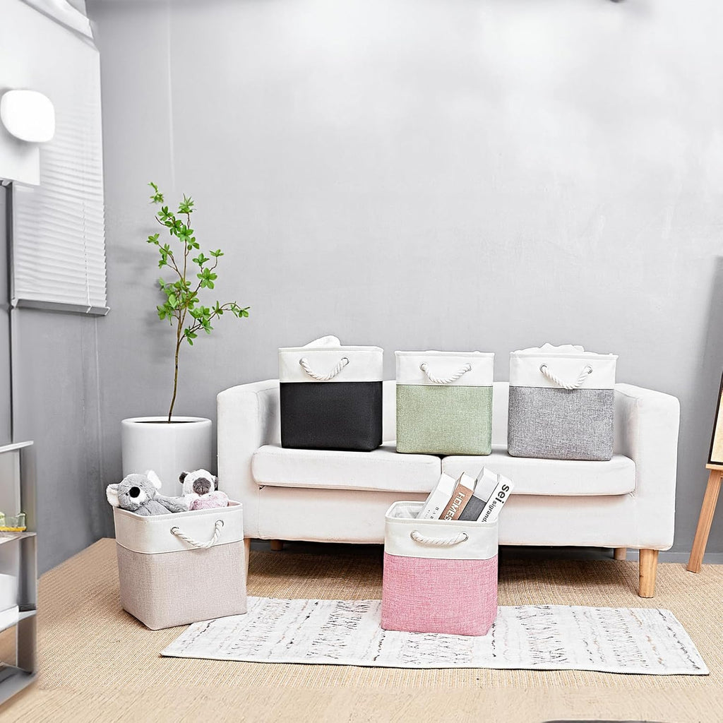 Fabric Storage Cubes, 11 inch cube storage bin with Handles, 11x11cube storage organizer bins, Collapsible Storage Bins for Shelves and Home, Cubby Storage Bins (White-Pink, 10.5x10.5x11in)