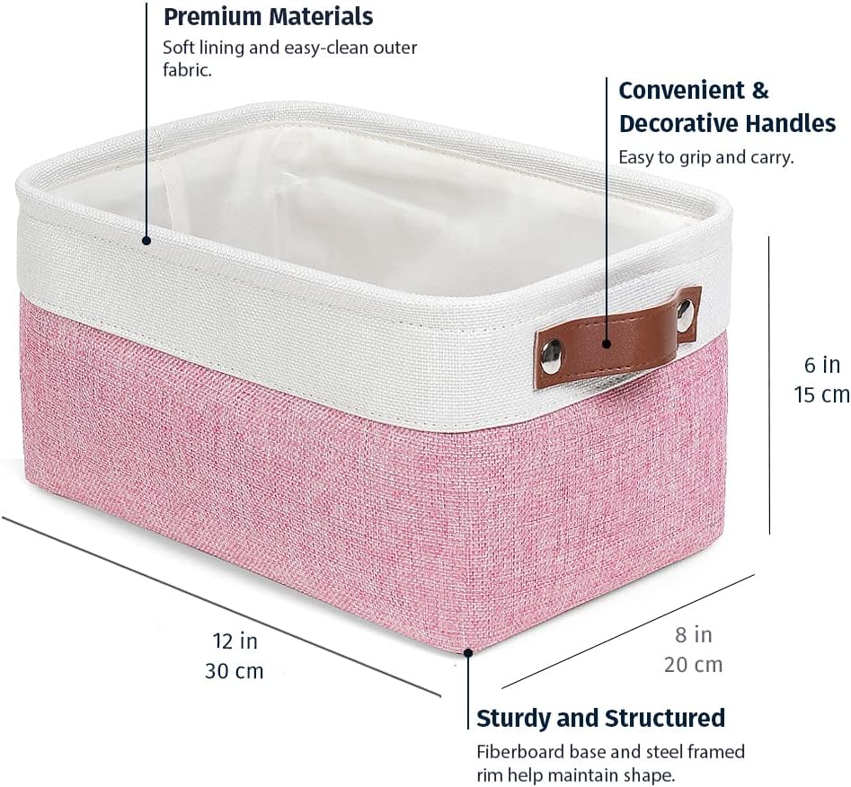 OrganiHaus Small Fabric Storage Baskets for Shelves 3 Pack, 12x08in Closet Storage Bins for Shelves, Canvas Baskets for Organizing, Linen Closet Organizers, Cloth Basket, Pink/Off-White